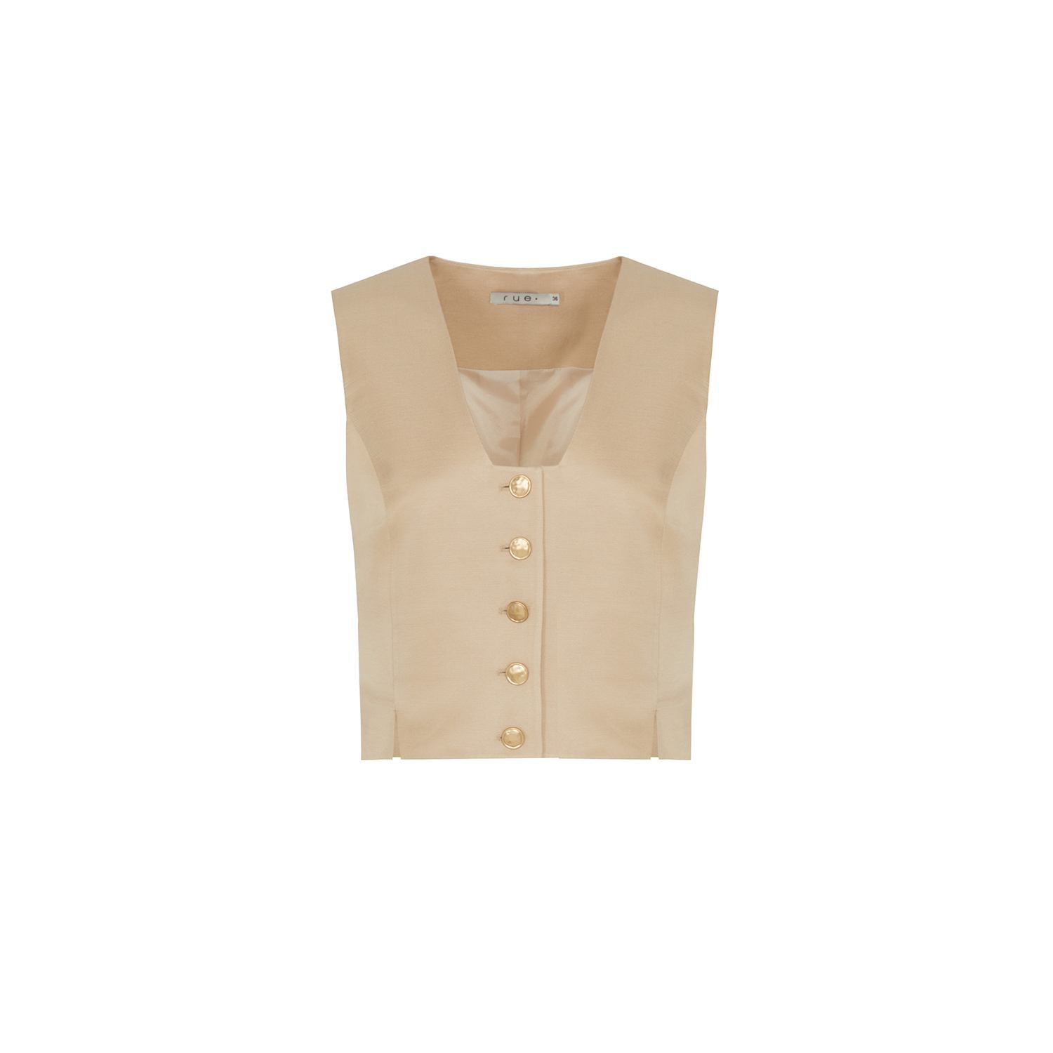 Women’s Neutrals Gold Button Detail V-Neck Beige Crop Vest Small Rue Les Createurs