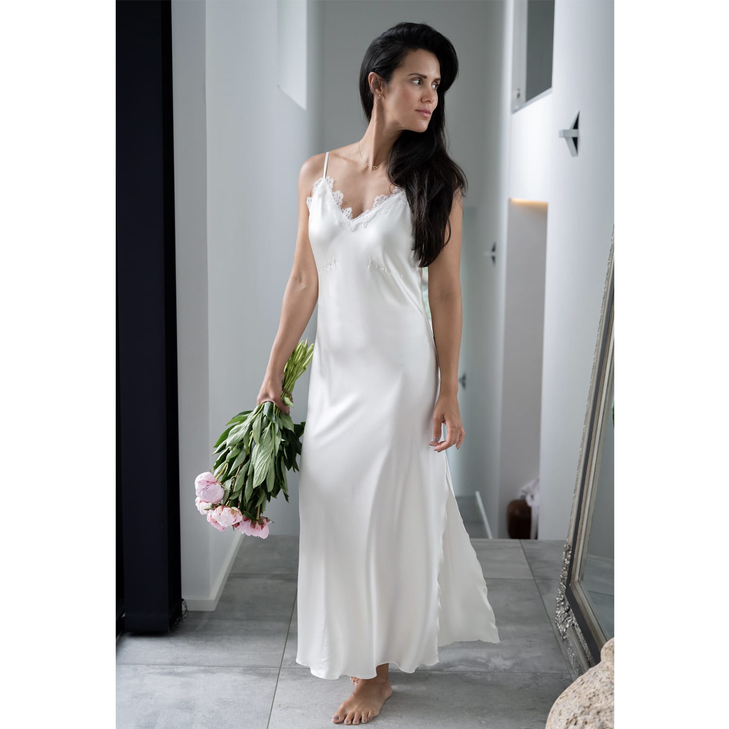 Elisabeth Silk Slip Dress, Color White Shadow Pearl | Sasha
