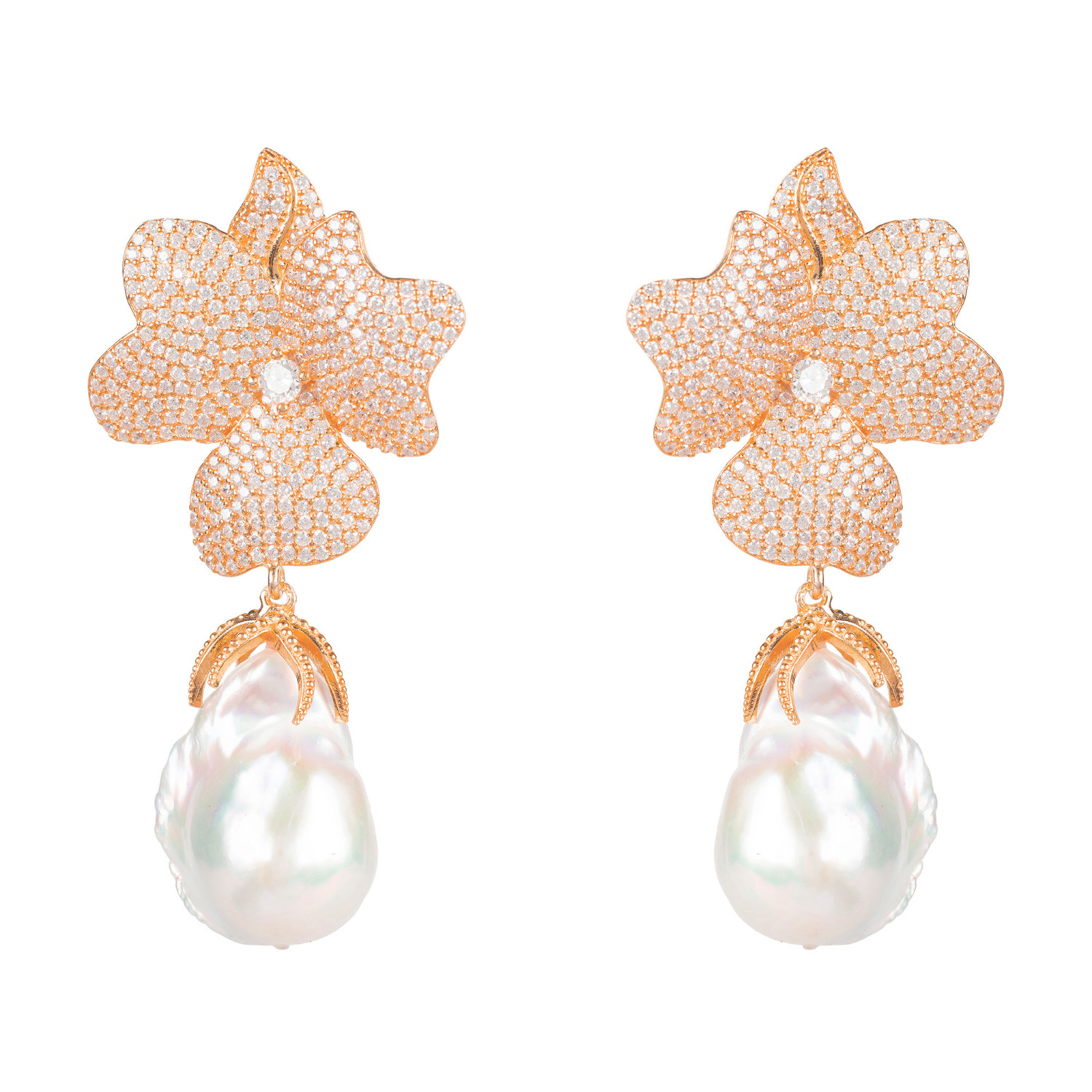 Women’s Rose Gold / White Baroque Pearl White Flower Drop Earrings Rosegold Latelita