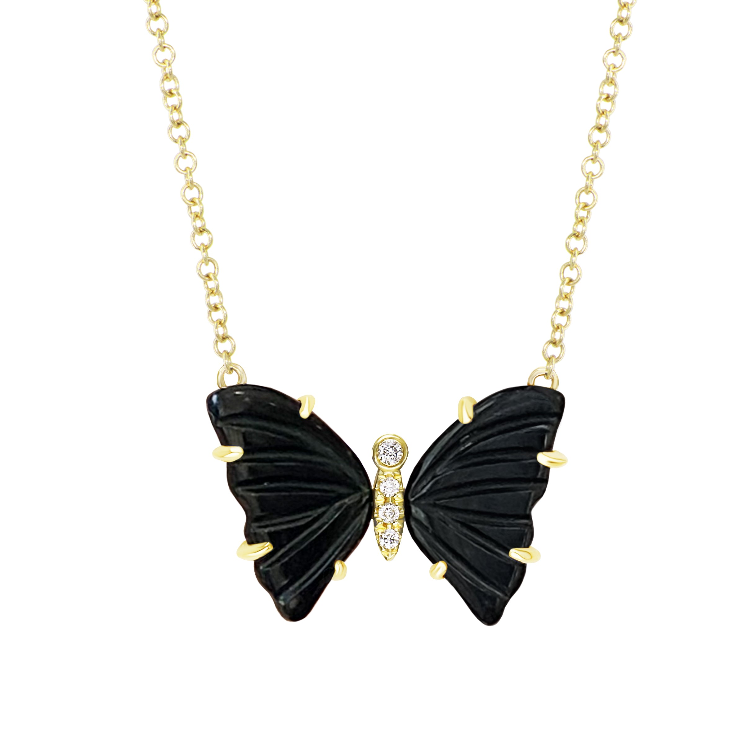 Kamaria Women's Black Onyx Butterfly Necklace With Diamonds & Prongs In Gold