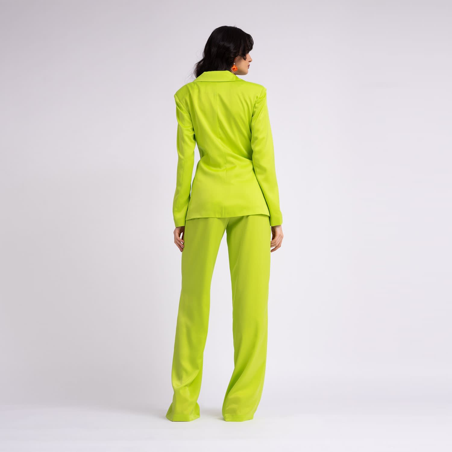 Neon Green Suit With Blazer With Scarves And Wide Leg Pants