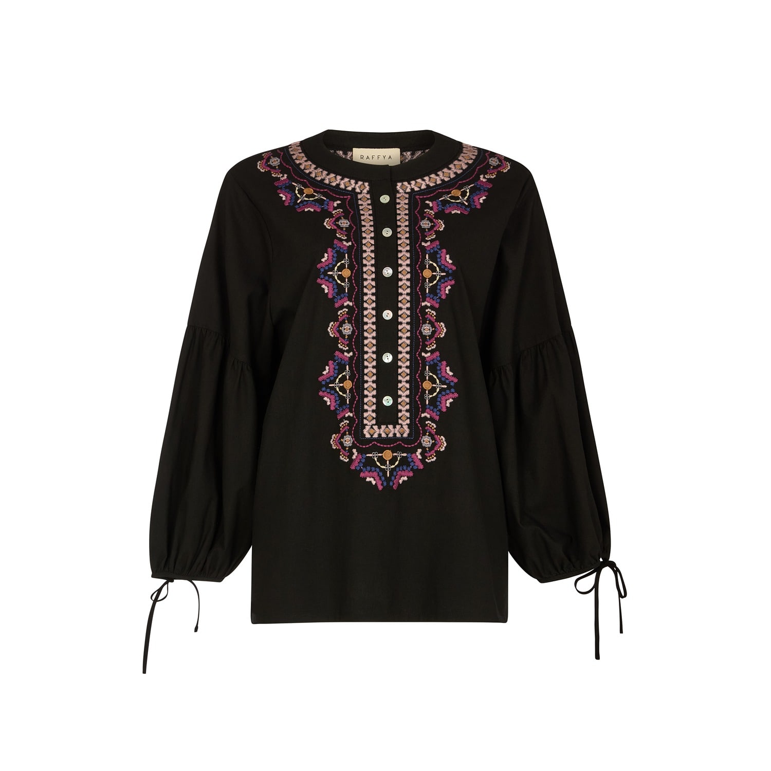 Raffya Women's Anai Half Placket Embroidered Blouse In Black In Black