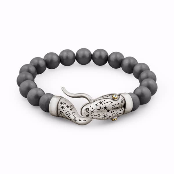 Snake Bones Snake Bracelet With Hematite Beads In Silver Gold & Diamonds In Snake