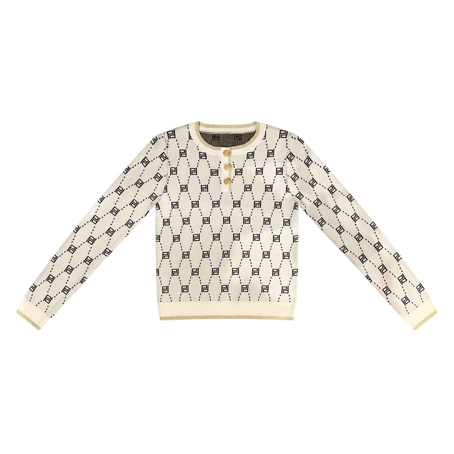 Roch Perel Women's White Monogrammed Gold Edged Sweater In White