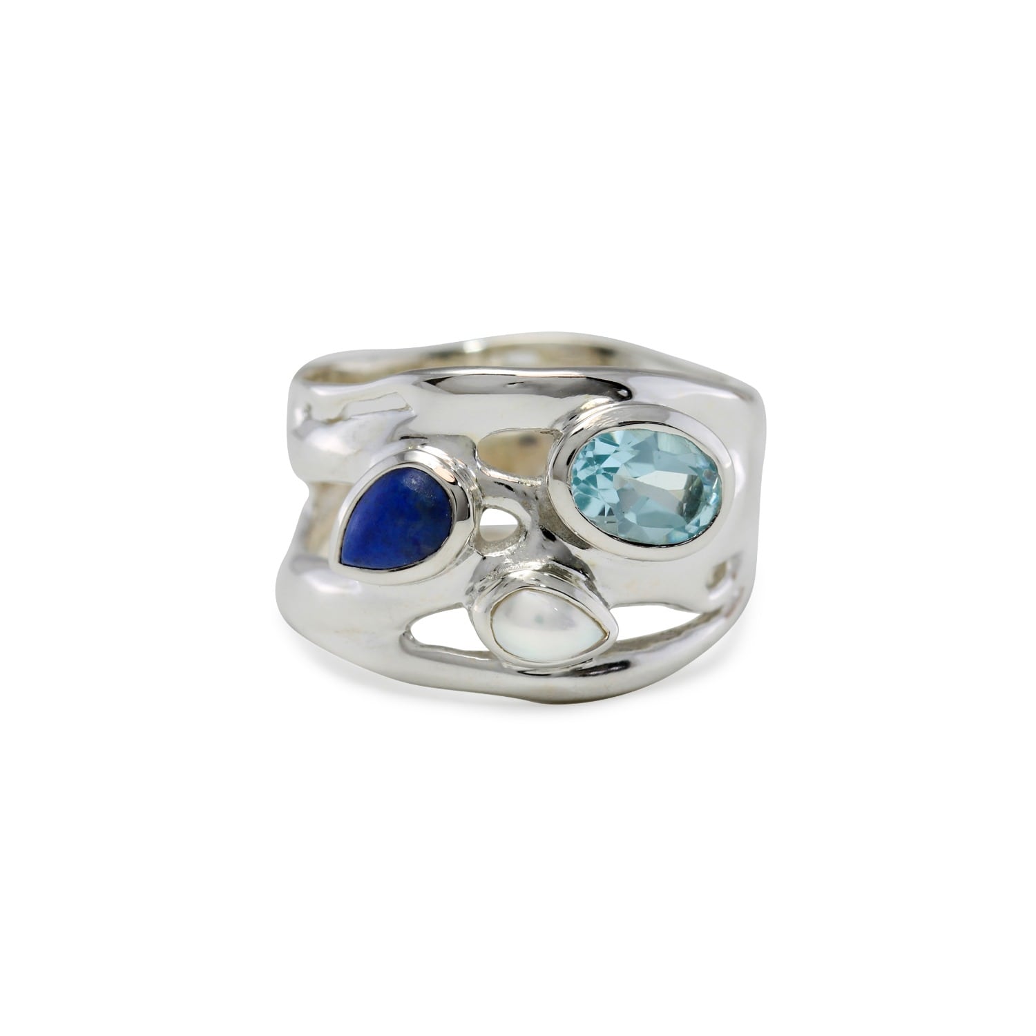 Isla Silver Women's Blue / Silver Blue Topaz, Pearl & Lapis Lazuli Silver Ring
