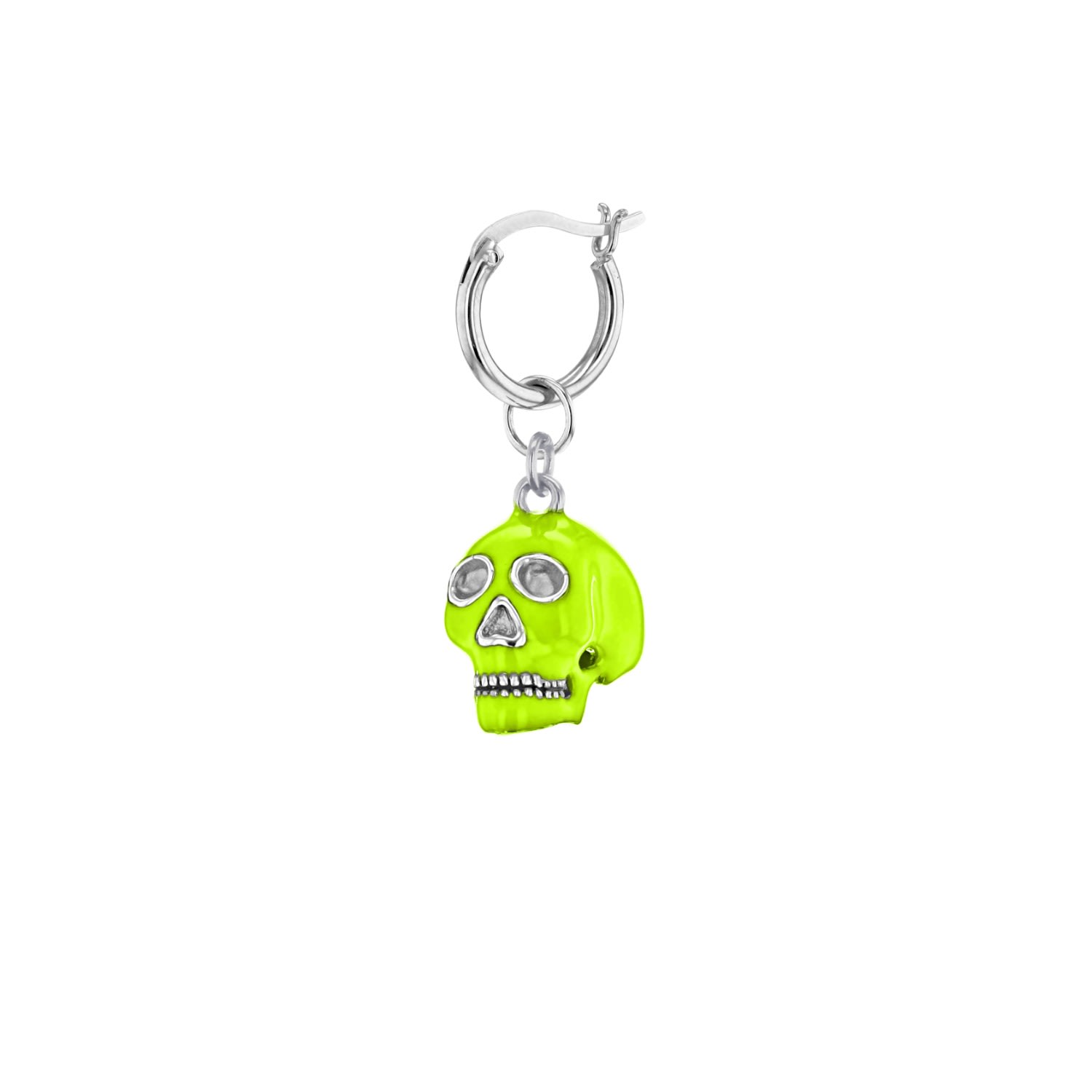 Women’s Silver / Green Neon Lime Green & Sterling Silver Mini Skull Hung On Silver Hoop Earring True Rocks