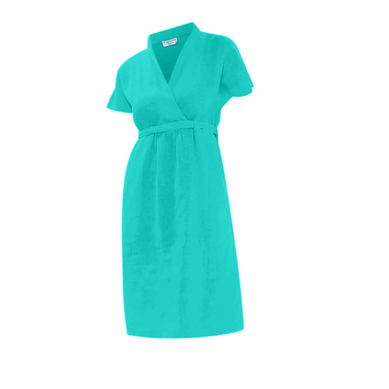 Haris Cotton Women's Notched Neckline Belted Linen Dress With Batwing Sleeve Island Green In Green