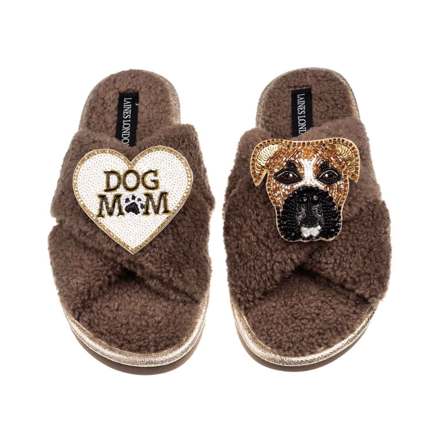 Laines London Women's Brown / Neutrals Laines Neutral Boucle Slippers With Pip The Boxer & Dog Mum / Mom Brooches 