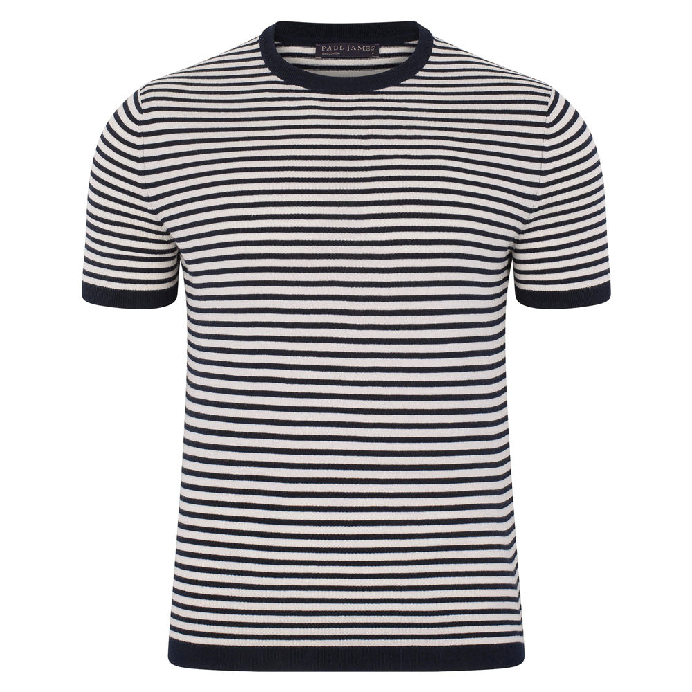 Blue Mens Ultra-Fine Cotton Antonio Knitted Narrow Breton Stripe T-Shirt - Navy Large Paul James Knitwear