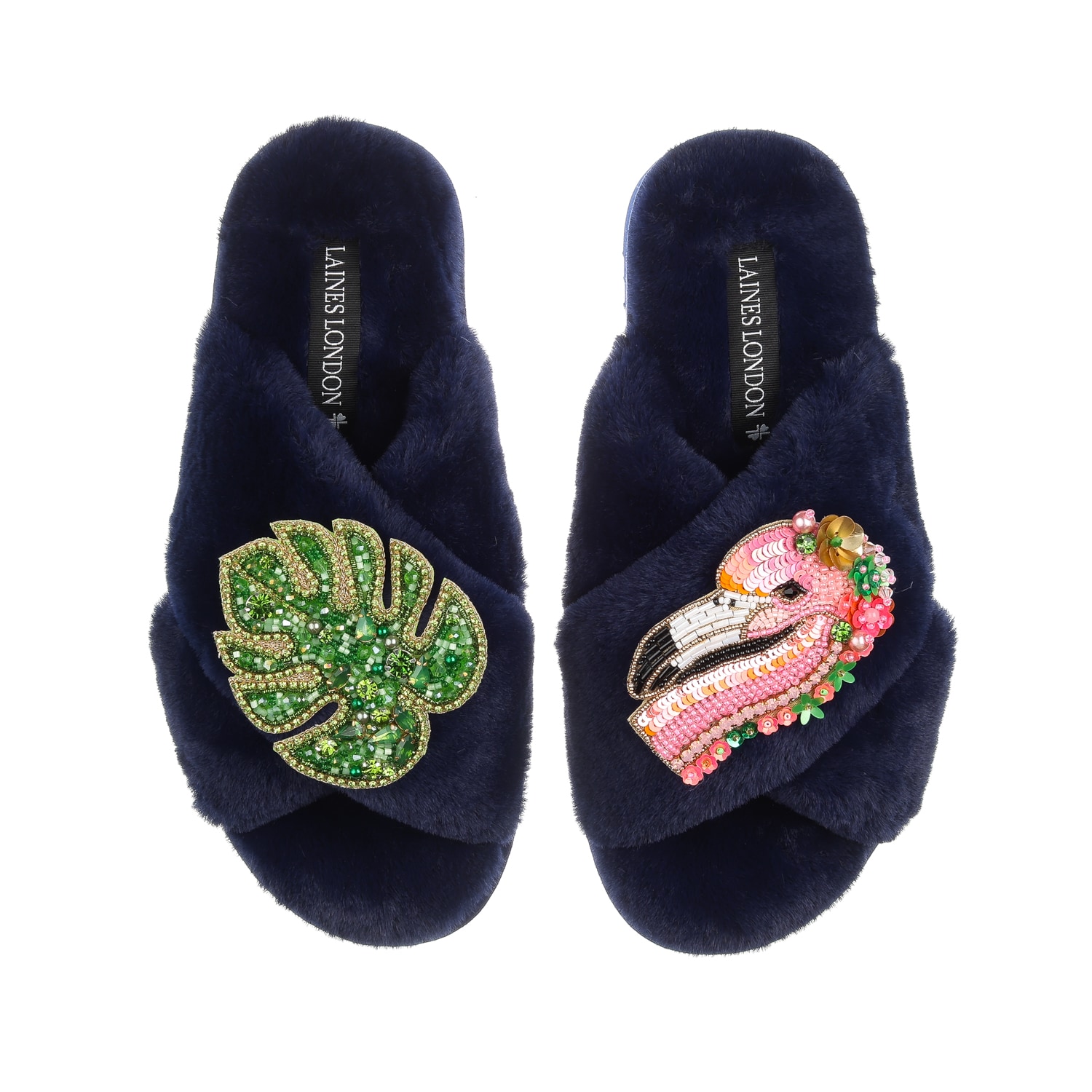 Women’s Blue Classic Laines Slippers With Palm Leaf & Flamingo Brooches - Navy Extra Large Laines London