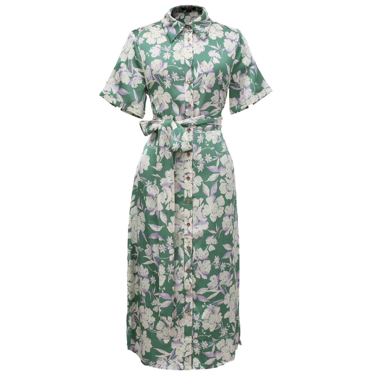 Women’s Macro Flower Print Midi Shirt-Dress - Green & White Extra Small Smart and Joy