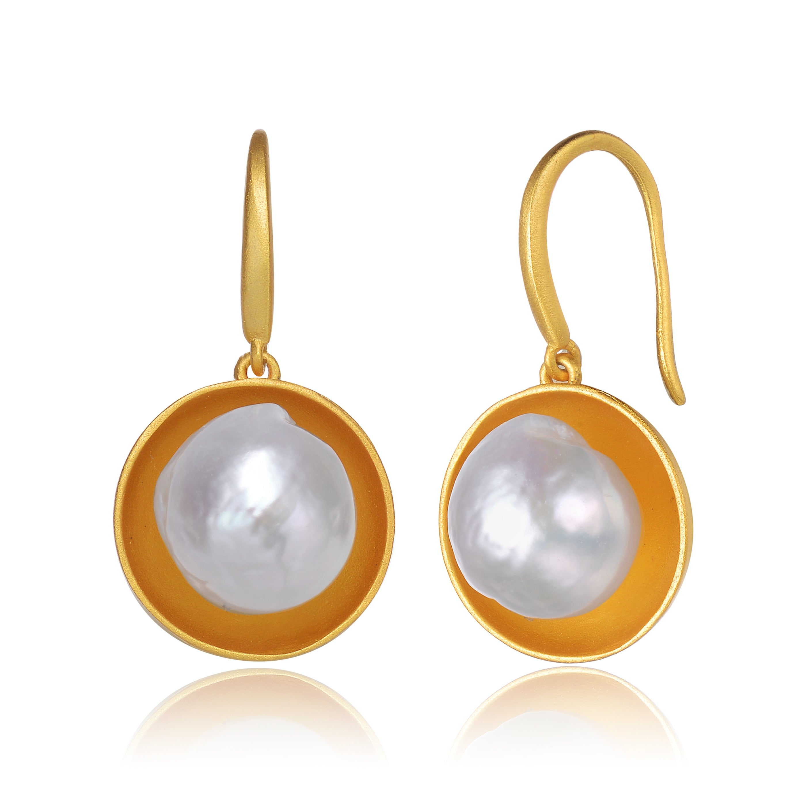 Women’s Sterling Silver Gold Plated Genuine Freshwater Round Pearl Hook Earrings Genevive Jewelry