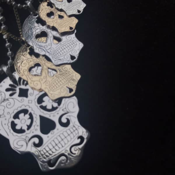 Cartergore Large Silver Sugar Skull With Flower Eyes Pendant Necklace In Pendant