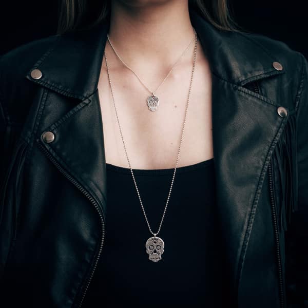 Cartergore Large Silver Sugar Skull With Flower Eyes Pendant Necklace In Pendant