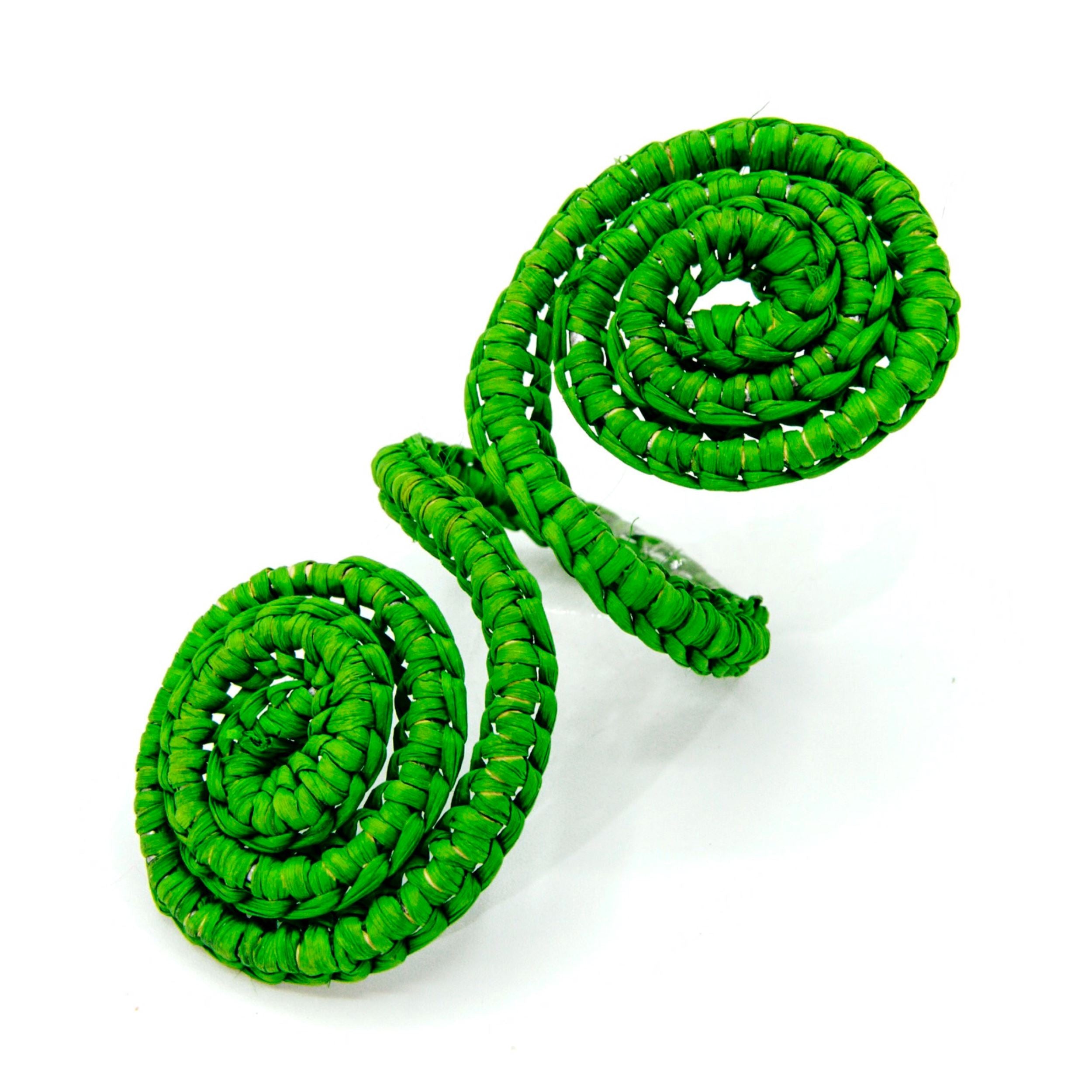 Set X 4 Woven Natural Iraca Straw Green Spiral Napkin Rings Washein