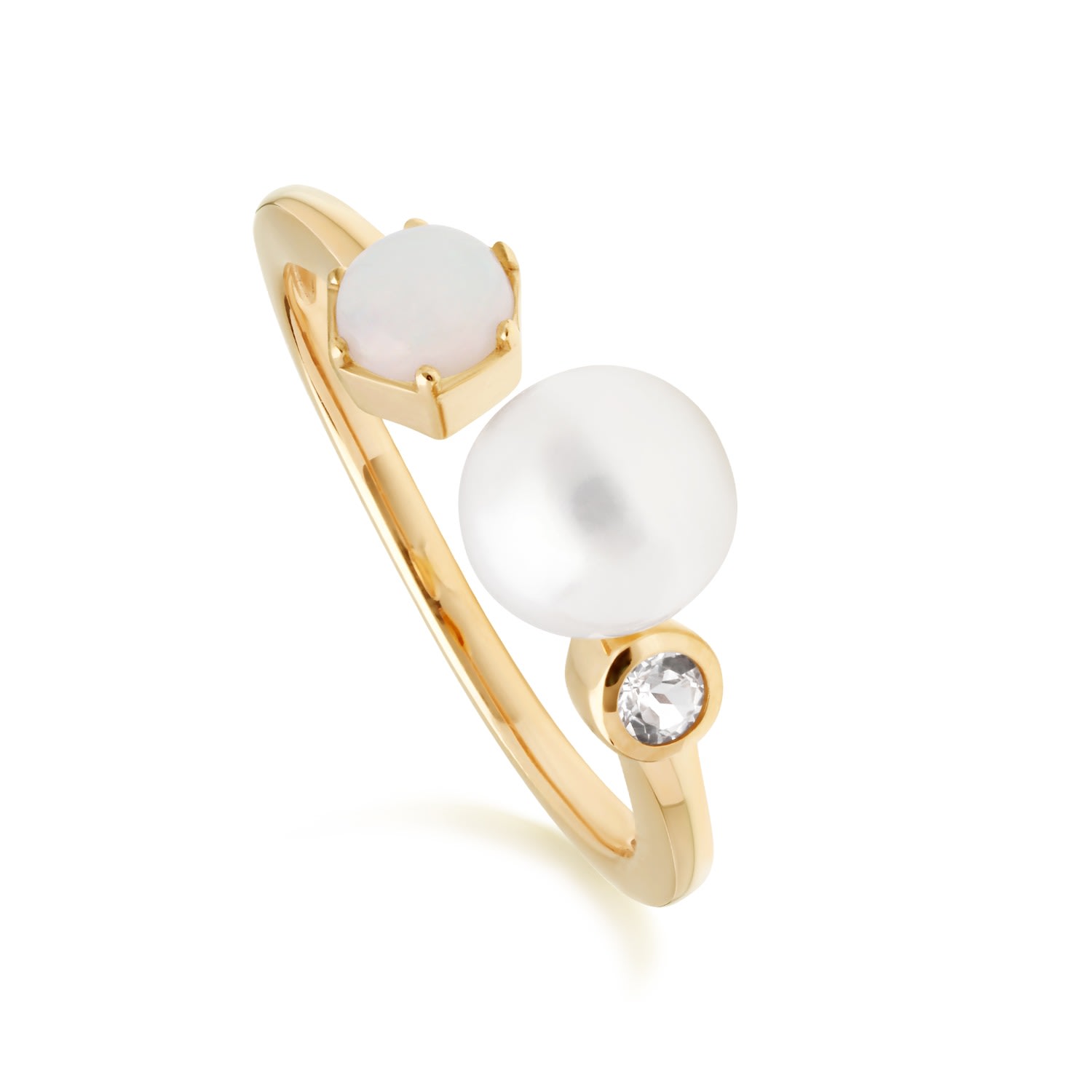 Women’s White Topaz, Opal & Pearl Open Ring In Yellow Gold Plated Silver Gemondo