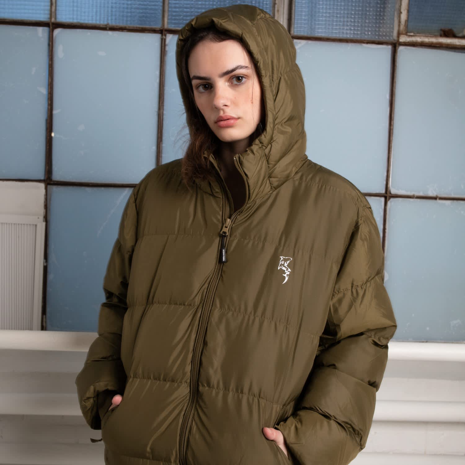 Khaki oversized puffer jacket sales