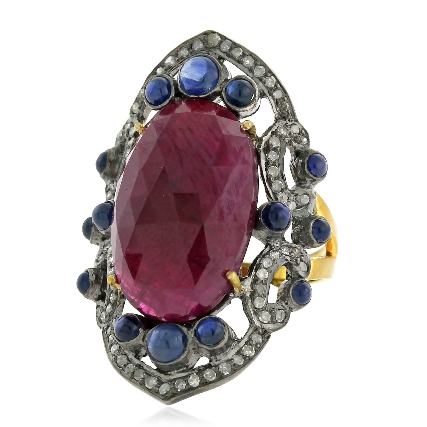 Artisan Women's Blue / Gold / White Ruby Sapphire 18k Gold 925 Sterling Silver Diamond Cocktail Ring Jewelry In Multi