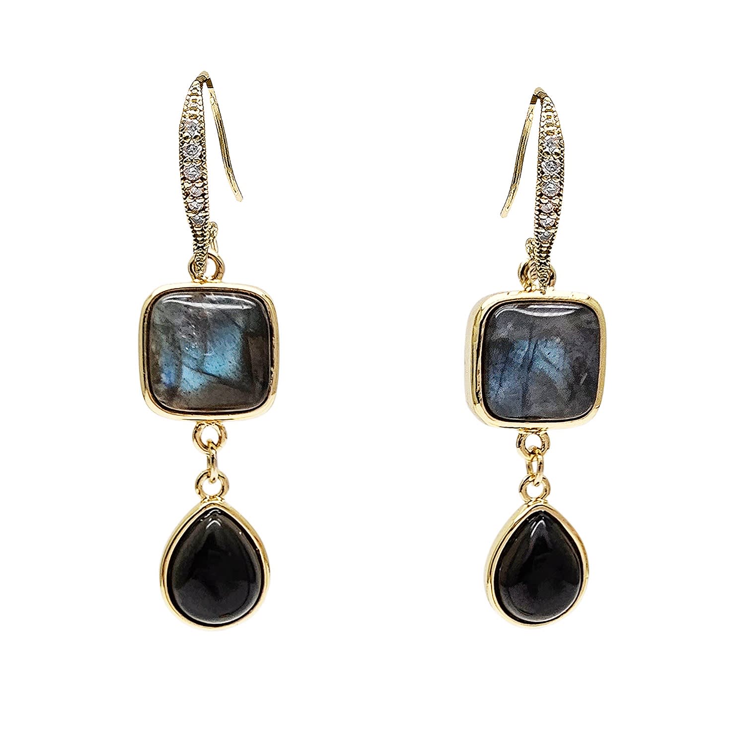 Farra Women's Black Labradorite With Teardrop Obsidian Earrings