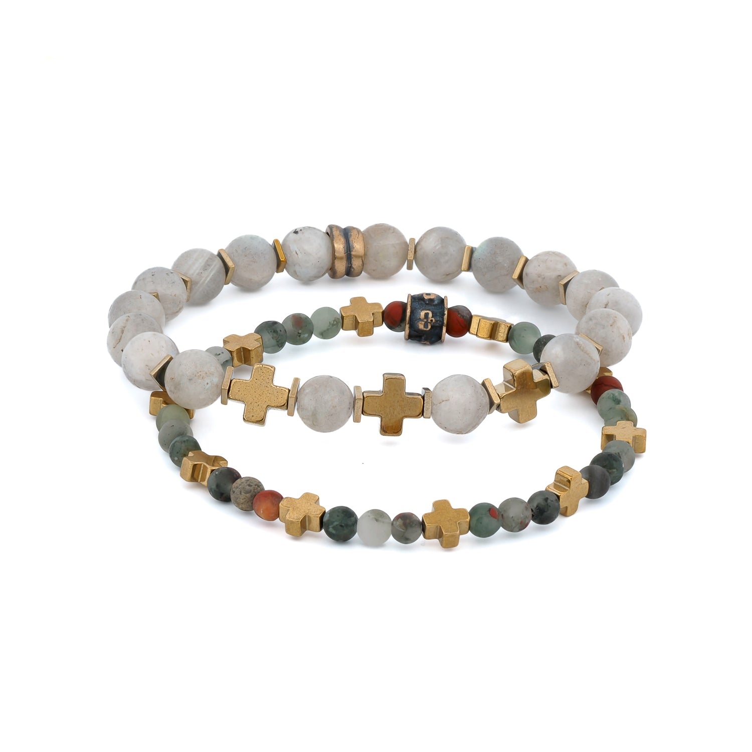 Men’s Gold / Green / White Labradorite & Africa Bloodstone Gold Cross Beaded Bracelet Set - Multicolor Ebru Jewelry