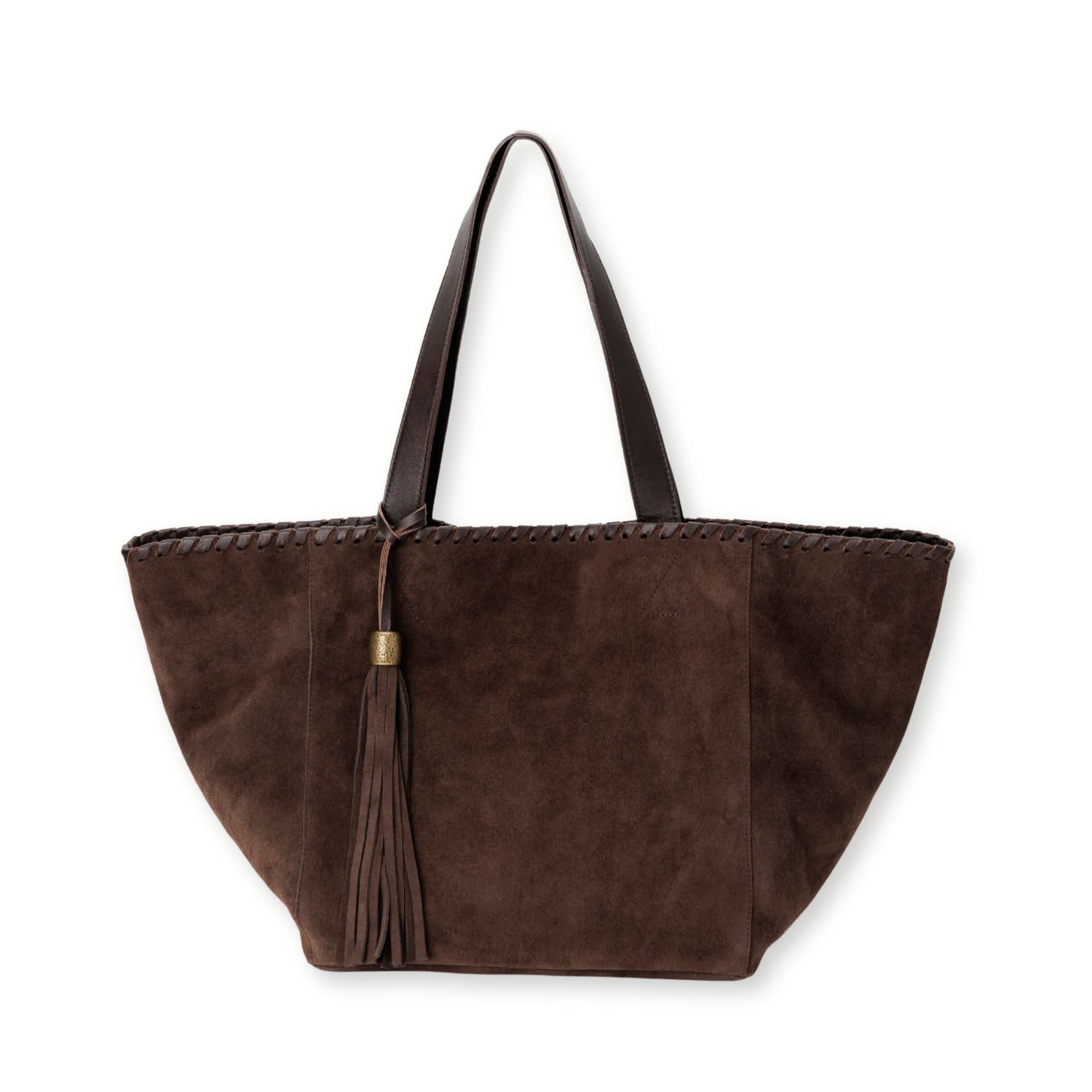 Suede Tote Bag - Leather Trim & Tassel -Brown | JUAN-JO | Wolf