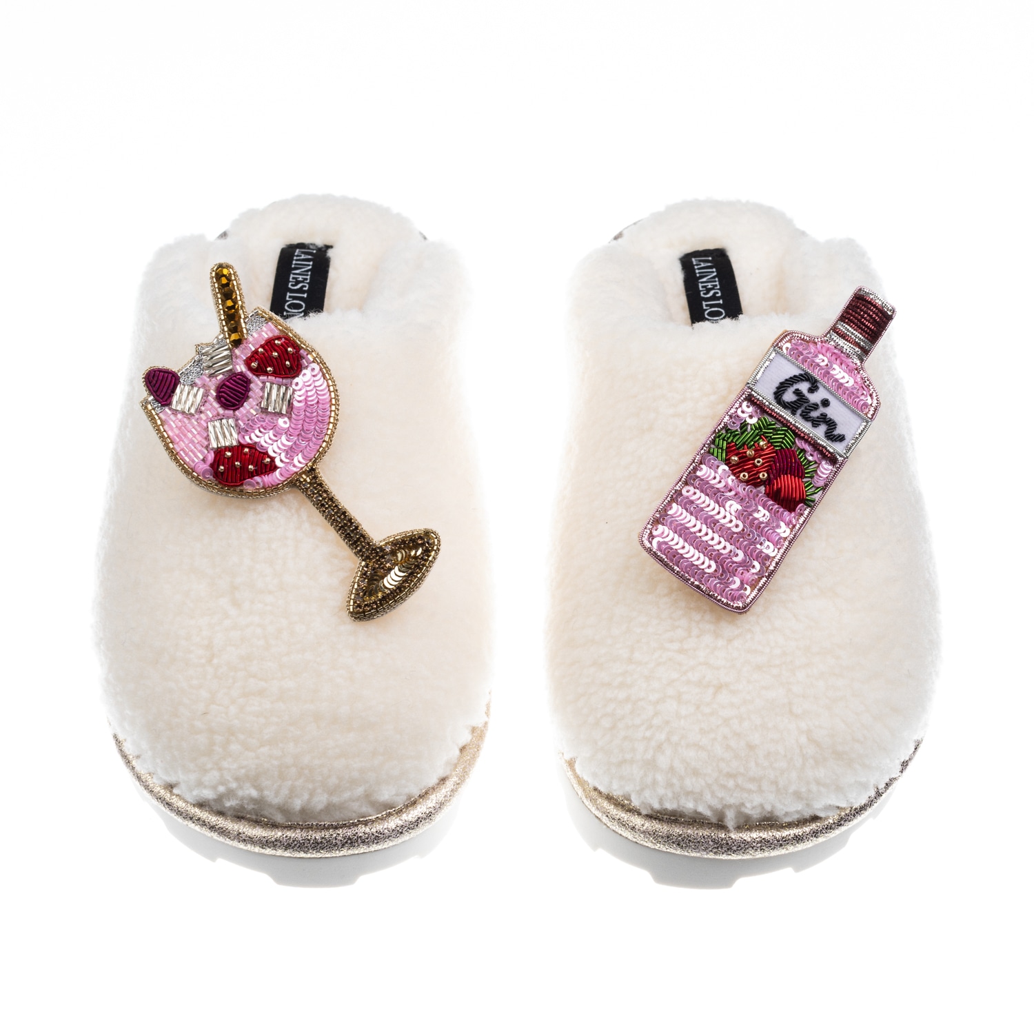 Women's White Teddy Closed Toe Slippers With Pink Gin & Fruit Glass Brooches