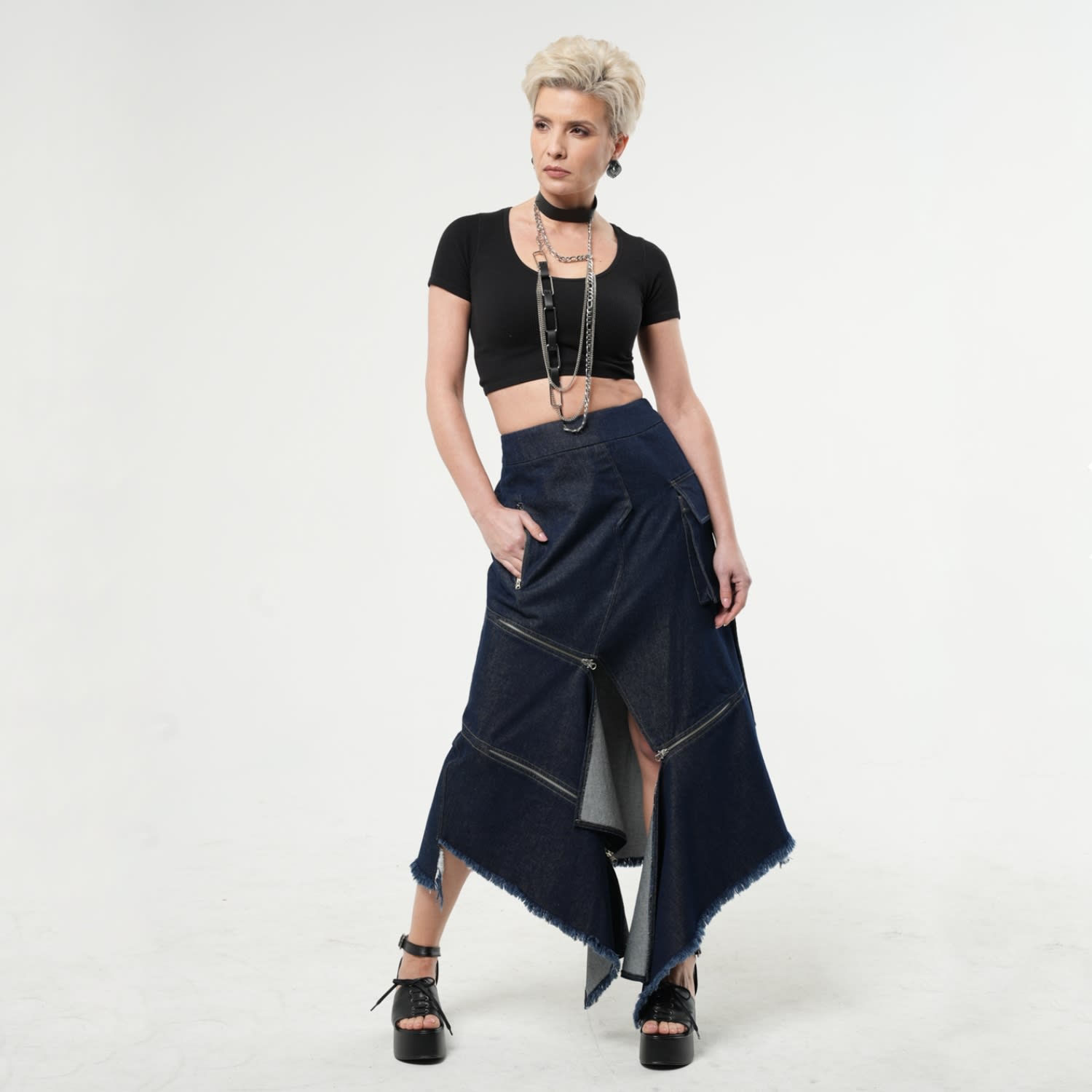 Asymmetric Dark Denim Skirt With Zippers | Metamorphoza | Wolf