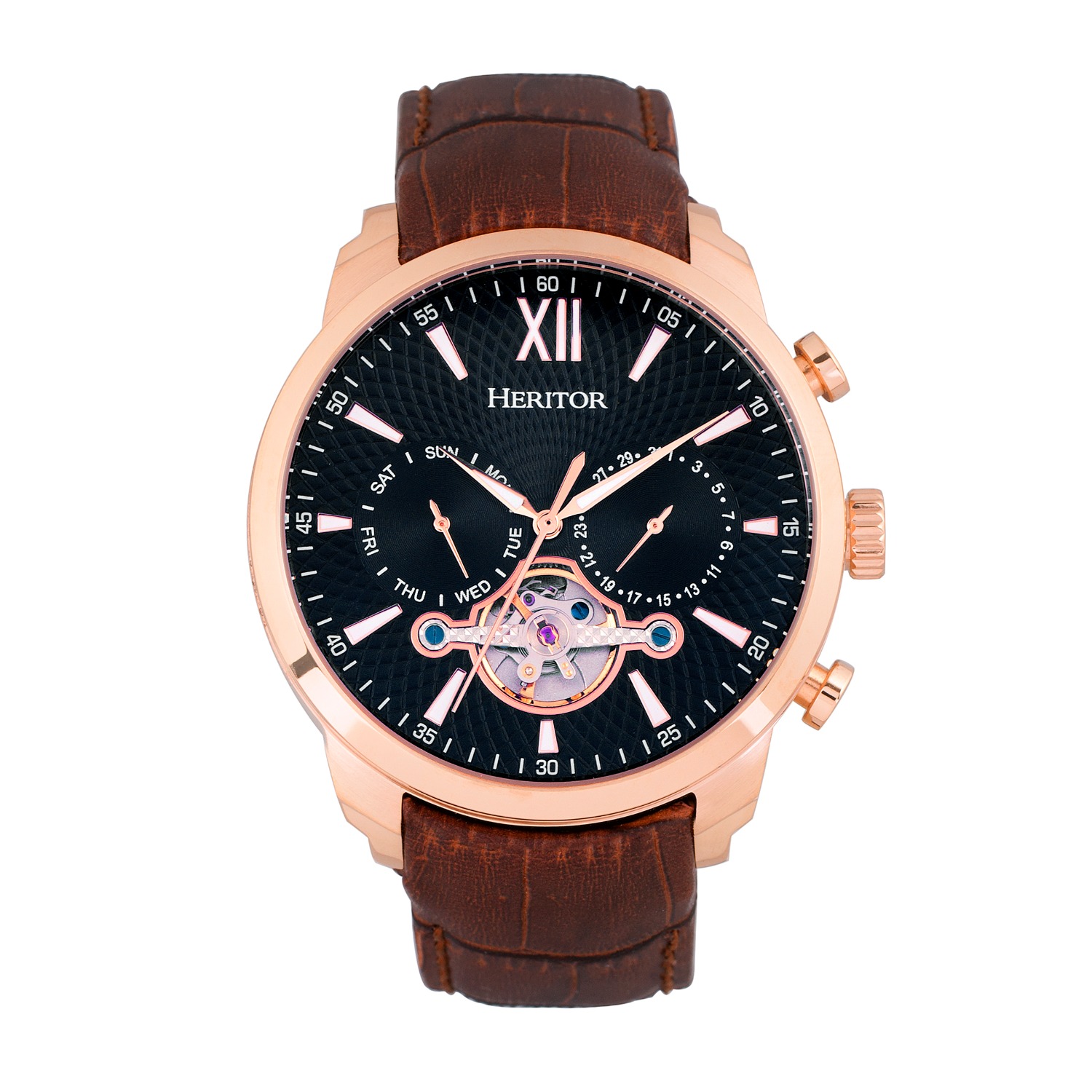 Arthur Semi Skeleton Leather Band Watch with Day and Date Black Rose Gold Heritor Automatic Wolf Badger