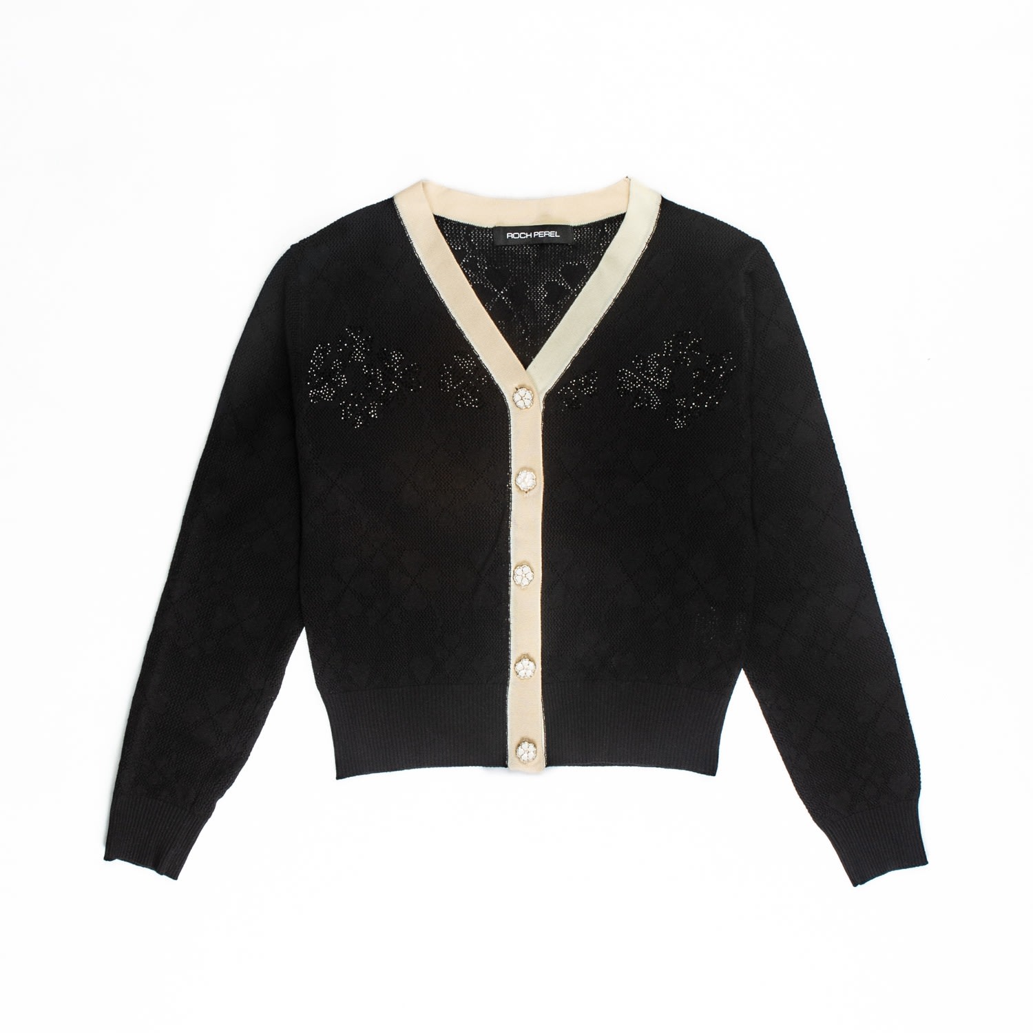 Women’s Black Pointelle Floral Stud Cardigan Medium Roch Perel