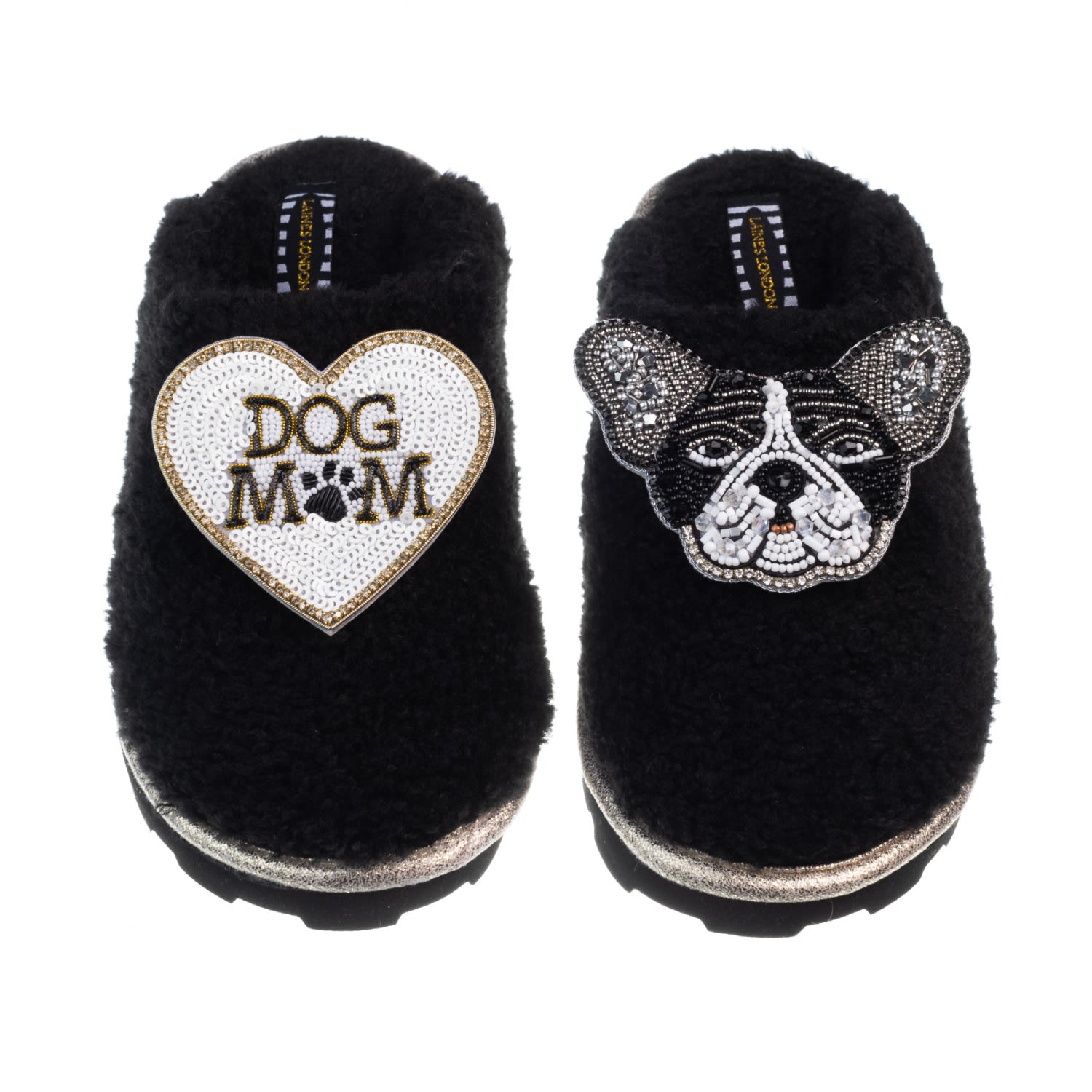 Women’s Teddy Closed Toe Slippers With Coco The Frenchie & Dog Mum / Mom Brooches - Black Medium Laines London