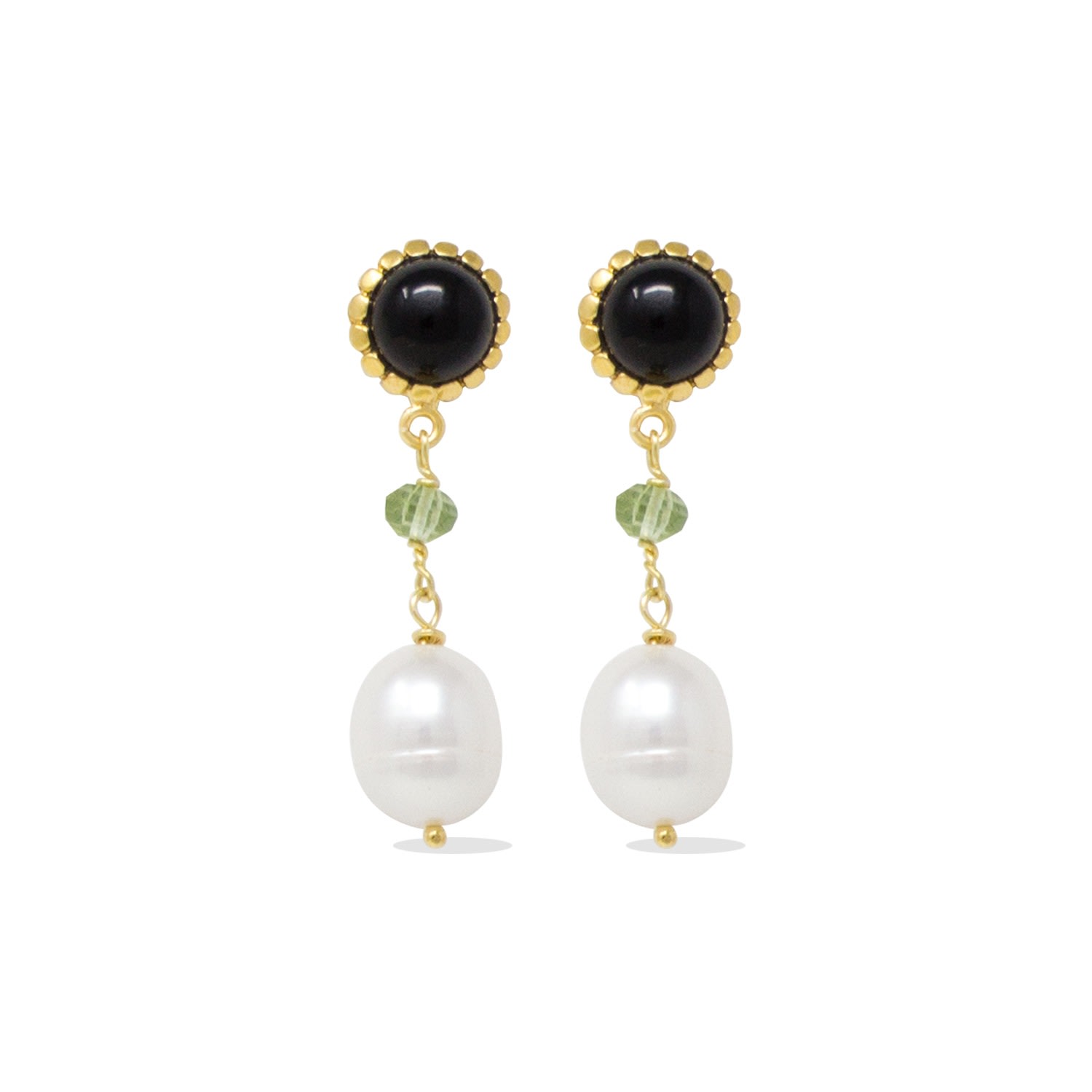 Women’s Black / Gold Onyx, Green Amethyst & Pearl Drop Earrings Vintouch Italy