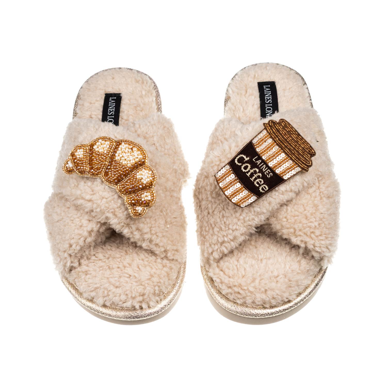 Laines London Women's Brown / Neutrals Laines Neutral Boucle Slippers With Coffee & Croissant Brooches - Oatmeal