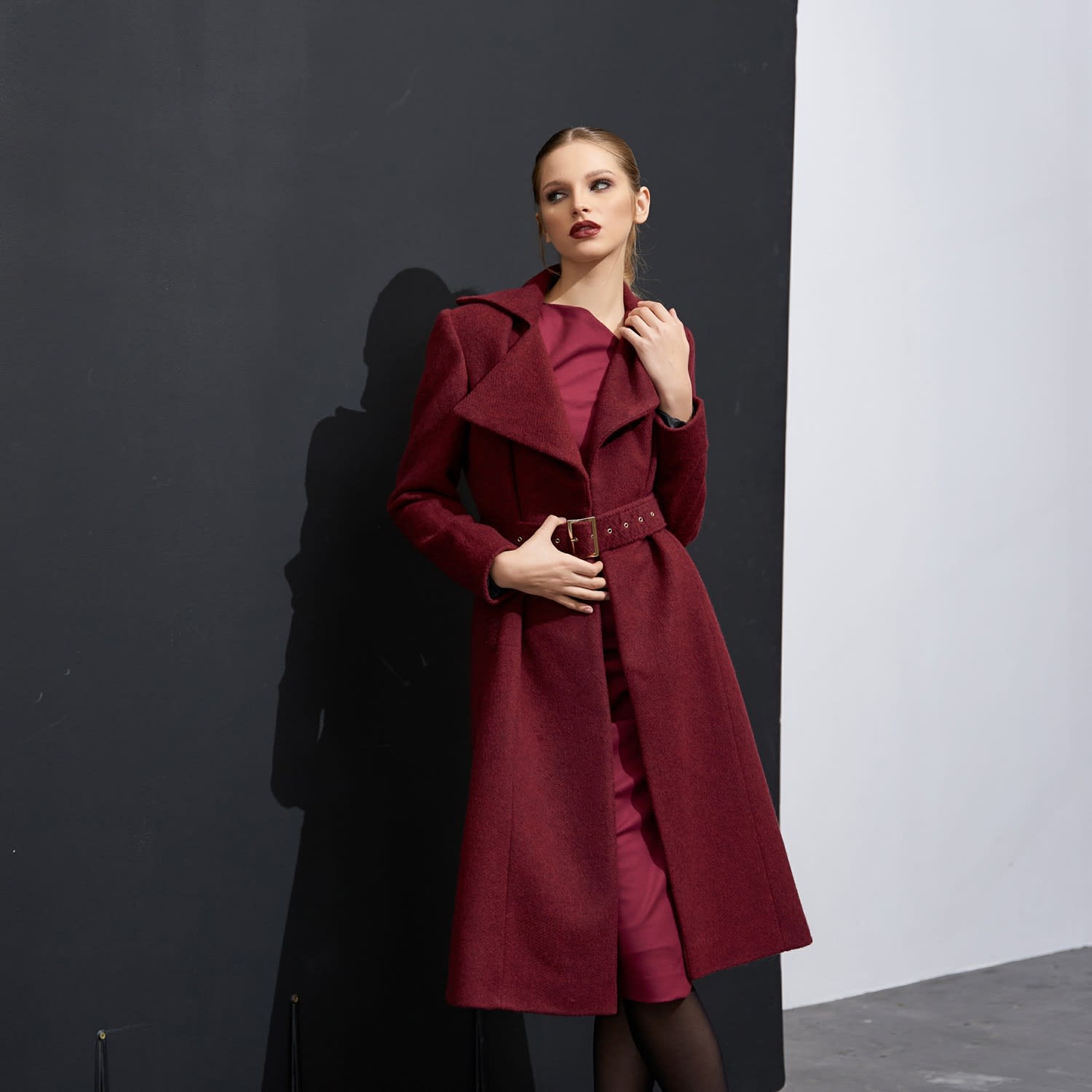 Double Breasted Midi Length Wool Coat With Belt