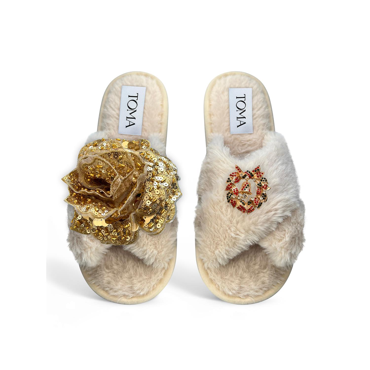 Toma Women's Neutrals Classic  Faux Fur Open Toe Gold Sequin Christmas Beige Slippers In Neutral