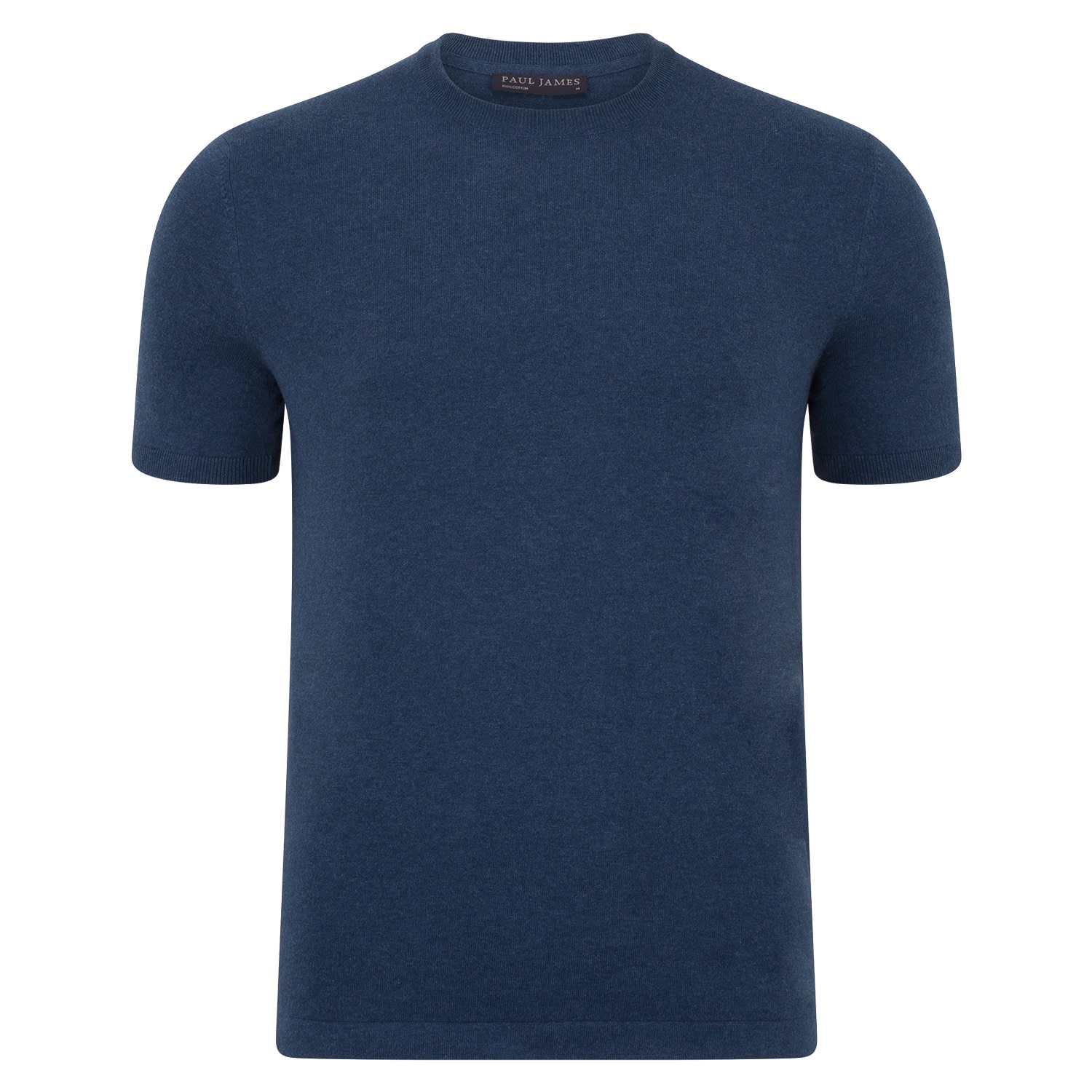 Mens Ultra-Fine Cotton Hugo Knitted T-Shirt - Blue Melange Small Paul James Knitwear