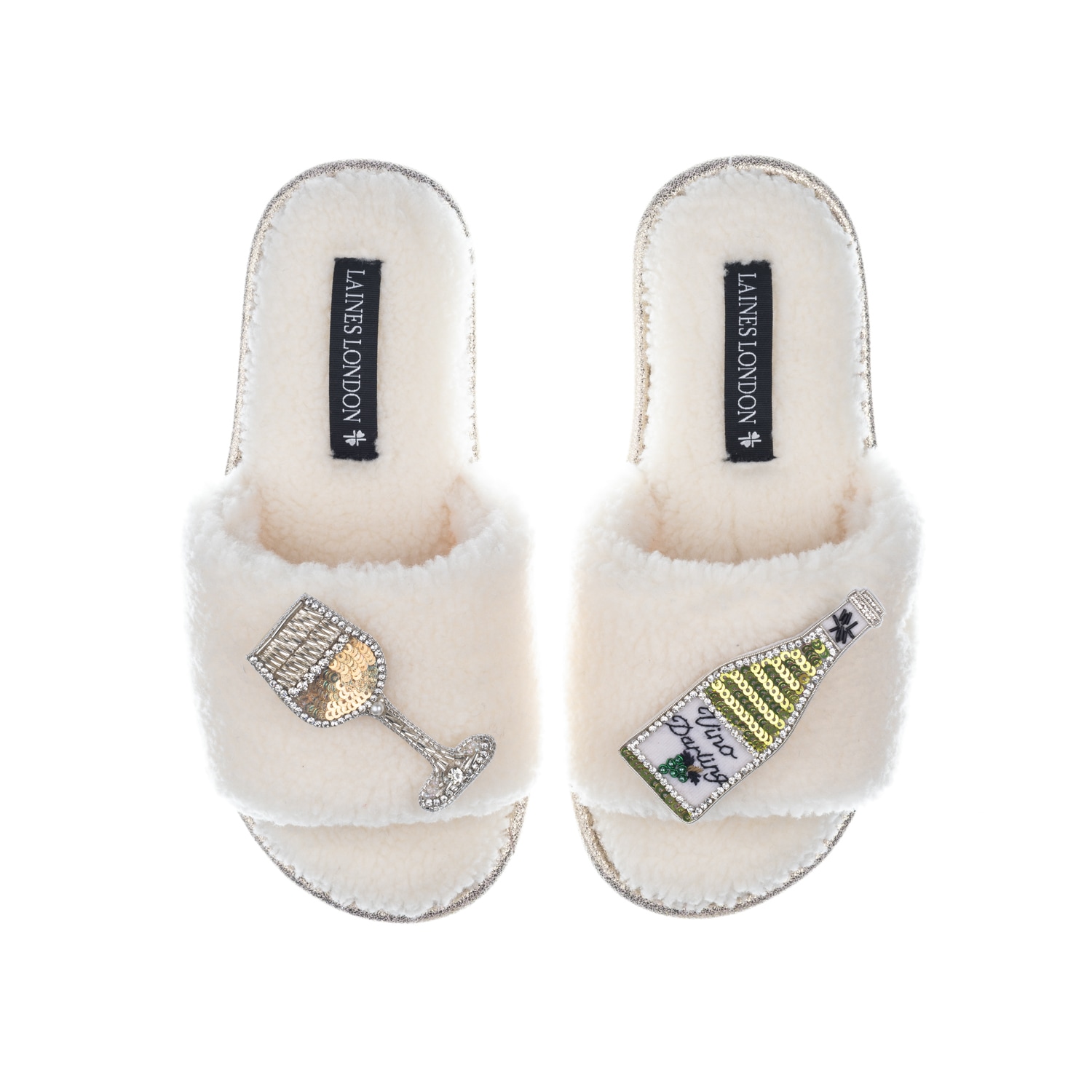 Laines London Women's White Teddy Toweling Slipper Sliders With Vino Darling Brooches - Cream In White