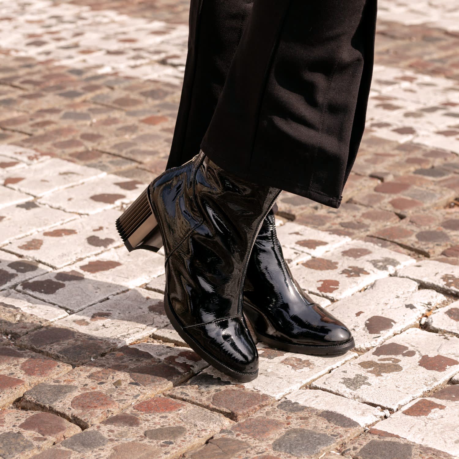 Black Patent Leather Heeled Ankle Boots, Mas Laus