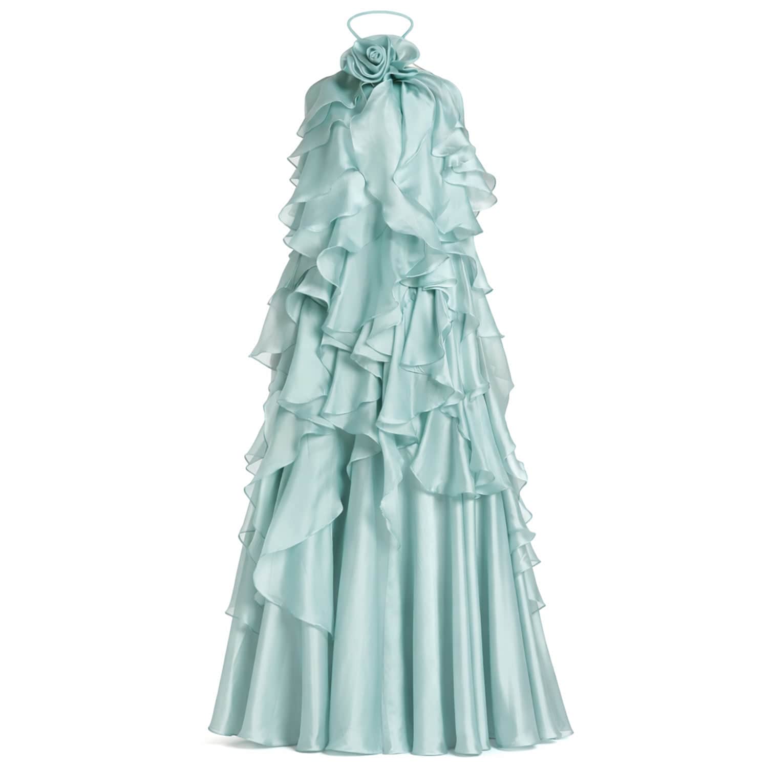 Ieena for Mac Duggal - Blue Halter Neck Open Back Trapeze Ruffle Gown - Mint / XL