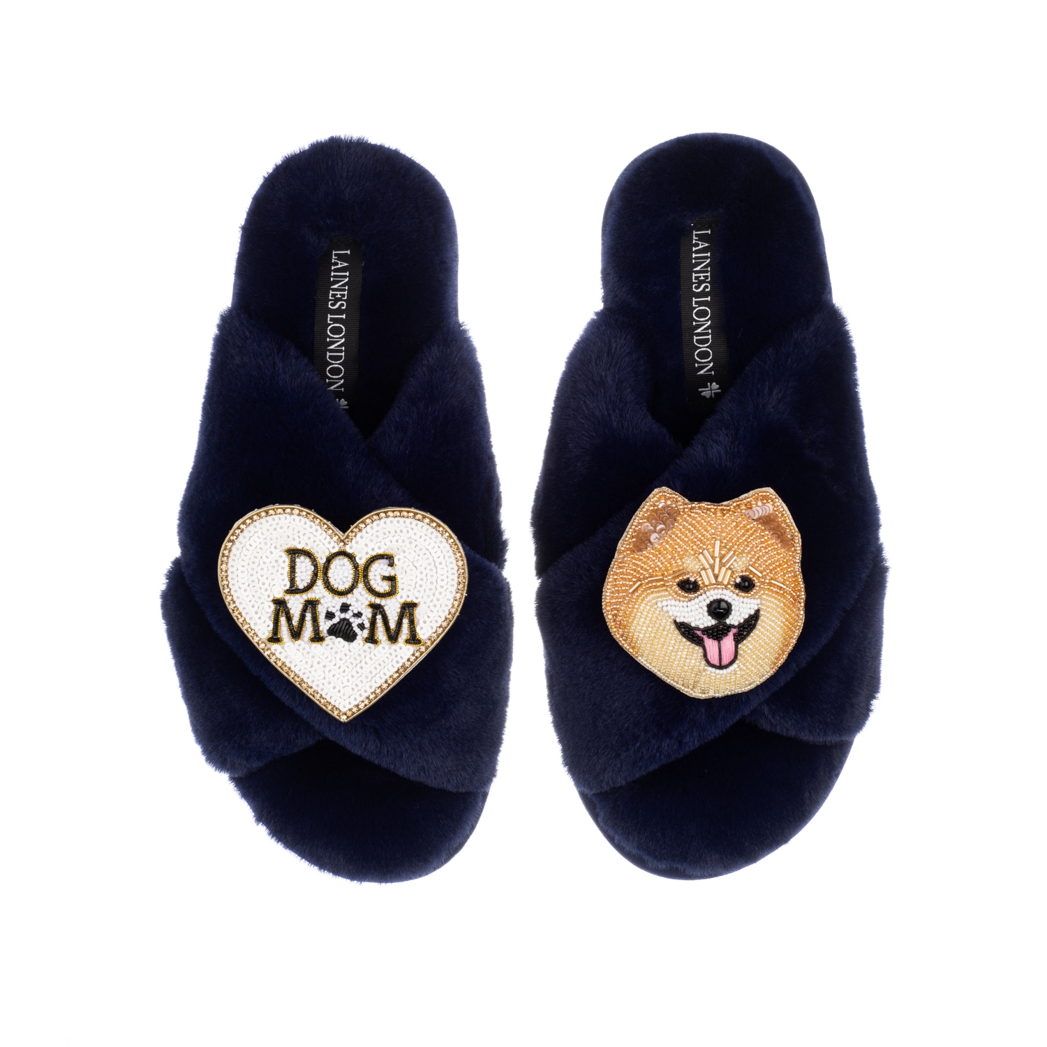 Laines London Women's Blue Classic Laines Slippers With Teddy The Pomeranian & Dog Mum / Mom Brooches - Navy In Blue