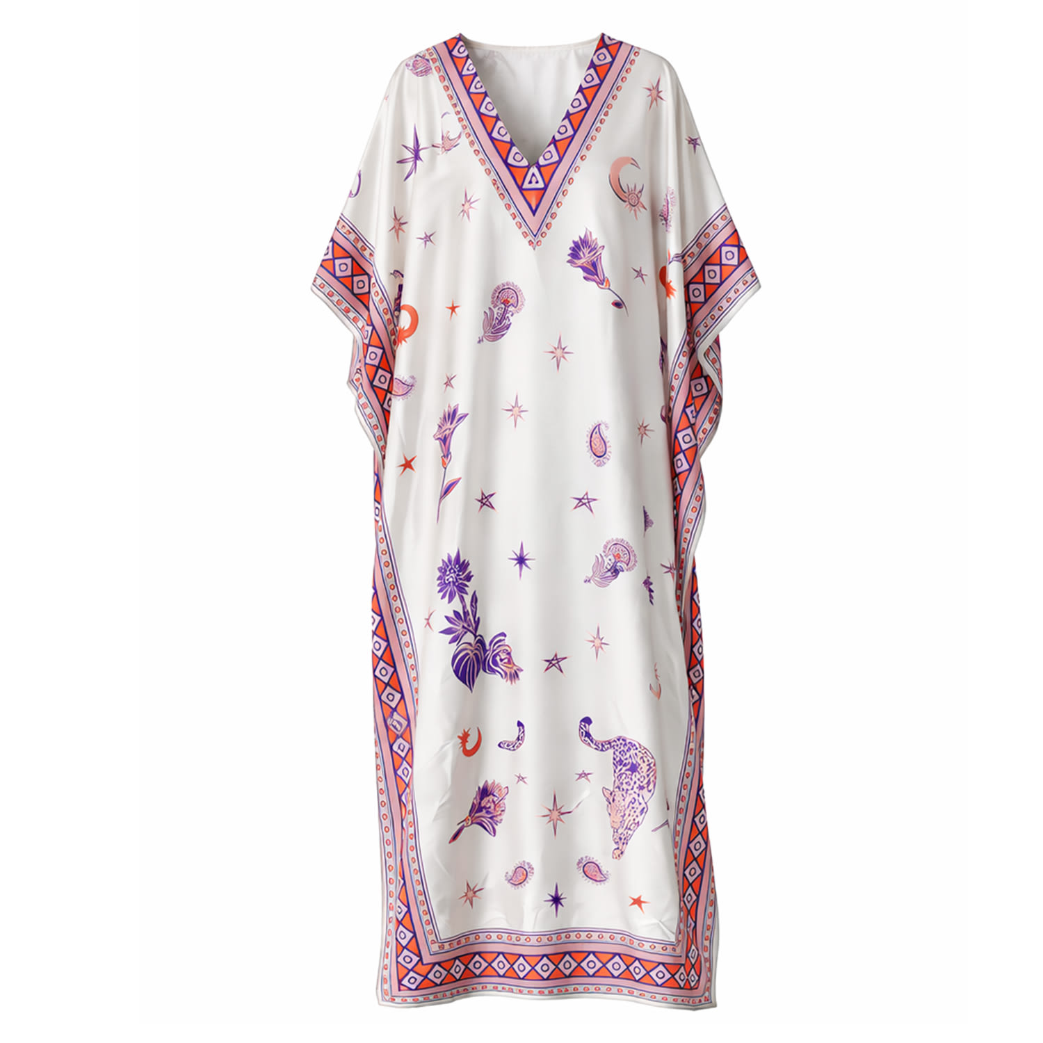 Women's Morrocco Printed Satin Kaftan Dress - Luxury Resort Silky Kaftan With Statement Motif | One Size | Loveist Mağazasi
