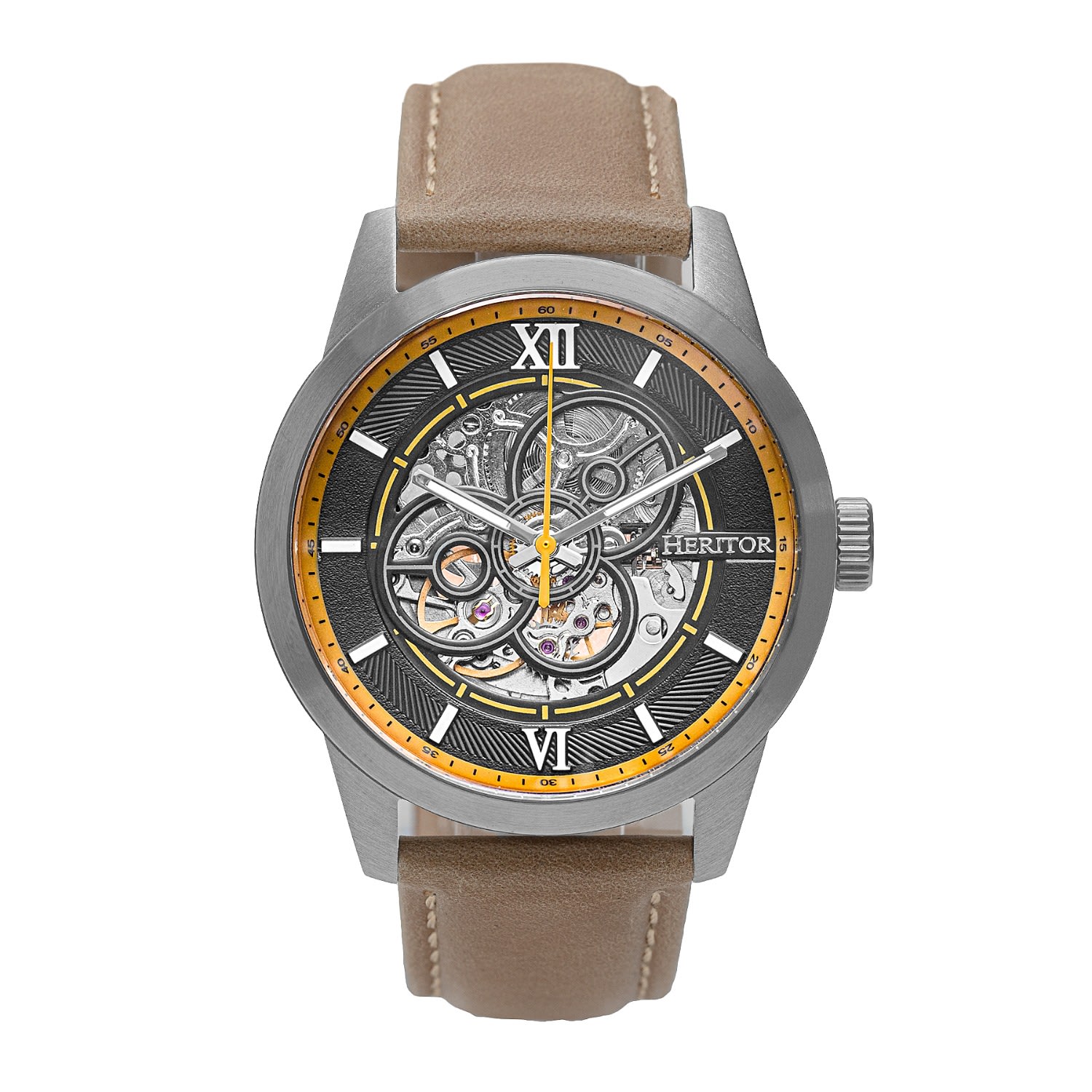 Men’s Neutrals / Yellow / Orange Jonas Leather-Band Skeleton Watch - Tan, Yellow Heritor Automatic