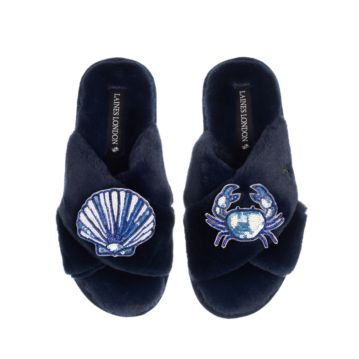 Laines London Women's Classic Laines Slippers With Mediterranean Blue Shell & Crab Brooches - Navy In Blue