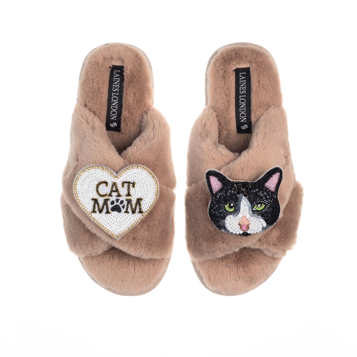 Women’s Brown Classic Laines Slippers With Cat Mum/Mom & Oreo Cat Brooches - Toffee Large Laines London