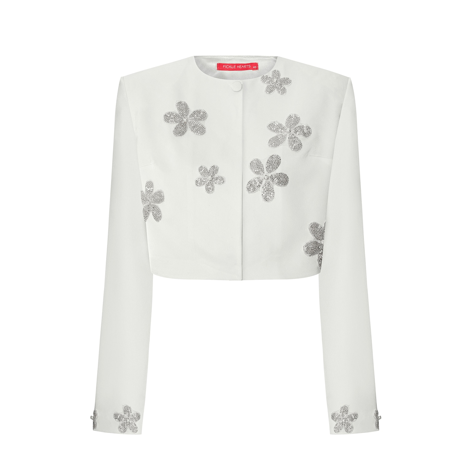 Fickle Hearts Women's Darya Ecru White Mini Jacket With Silver Embroidery In White