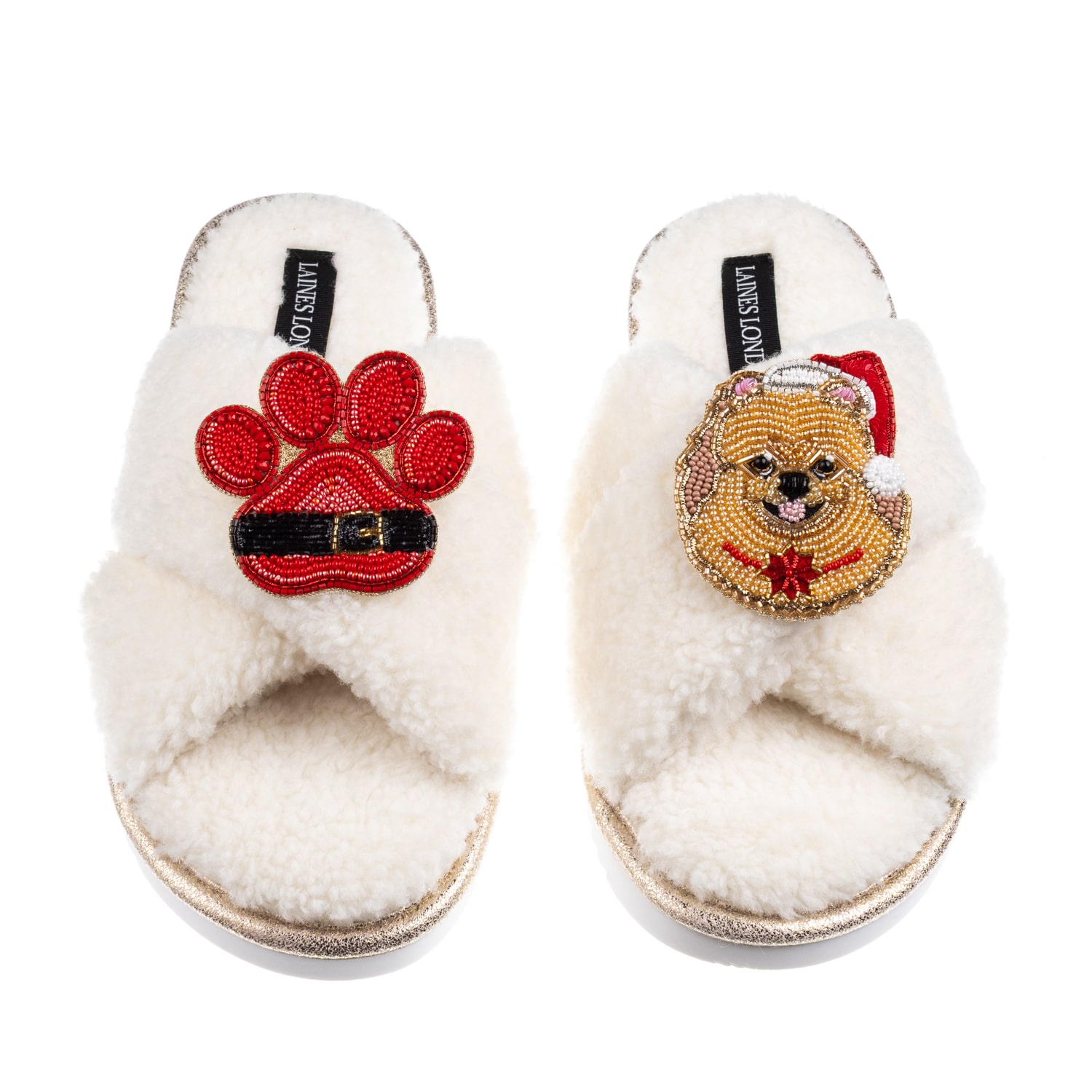 Laines London Women's Neutrals / White Laines Boucle Slippers With Christmas Pomeranian & Paw Brooches - Cream In White