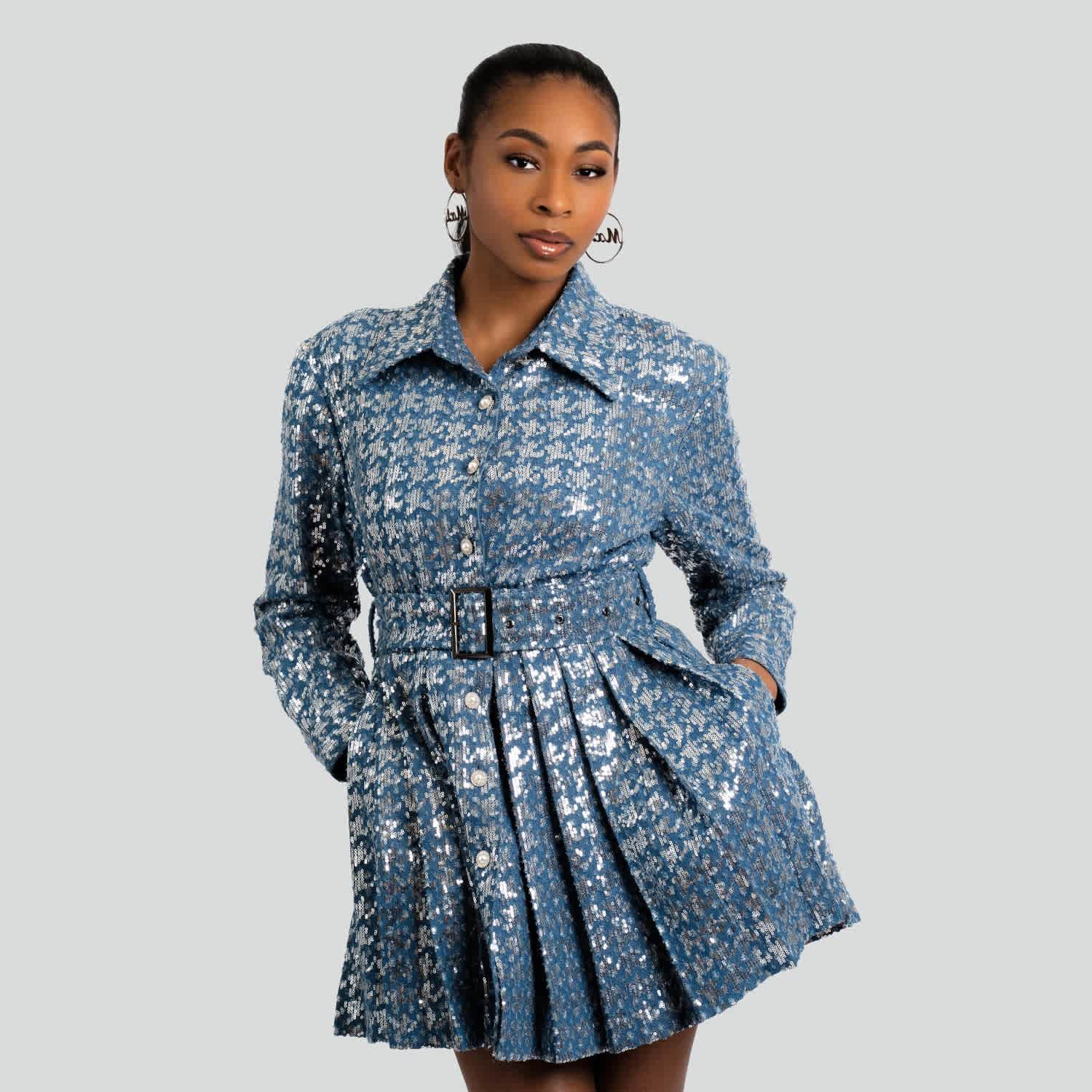 denim sequin dress Blue Sleeveless Mini Michelle Sequin Denim Mini Dress