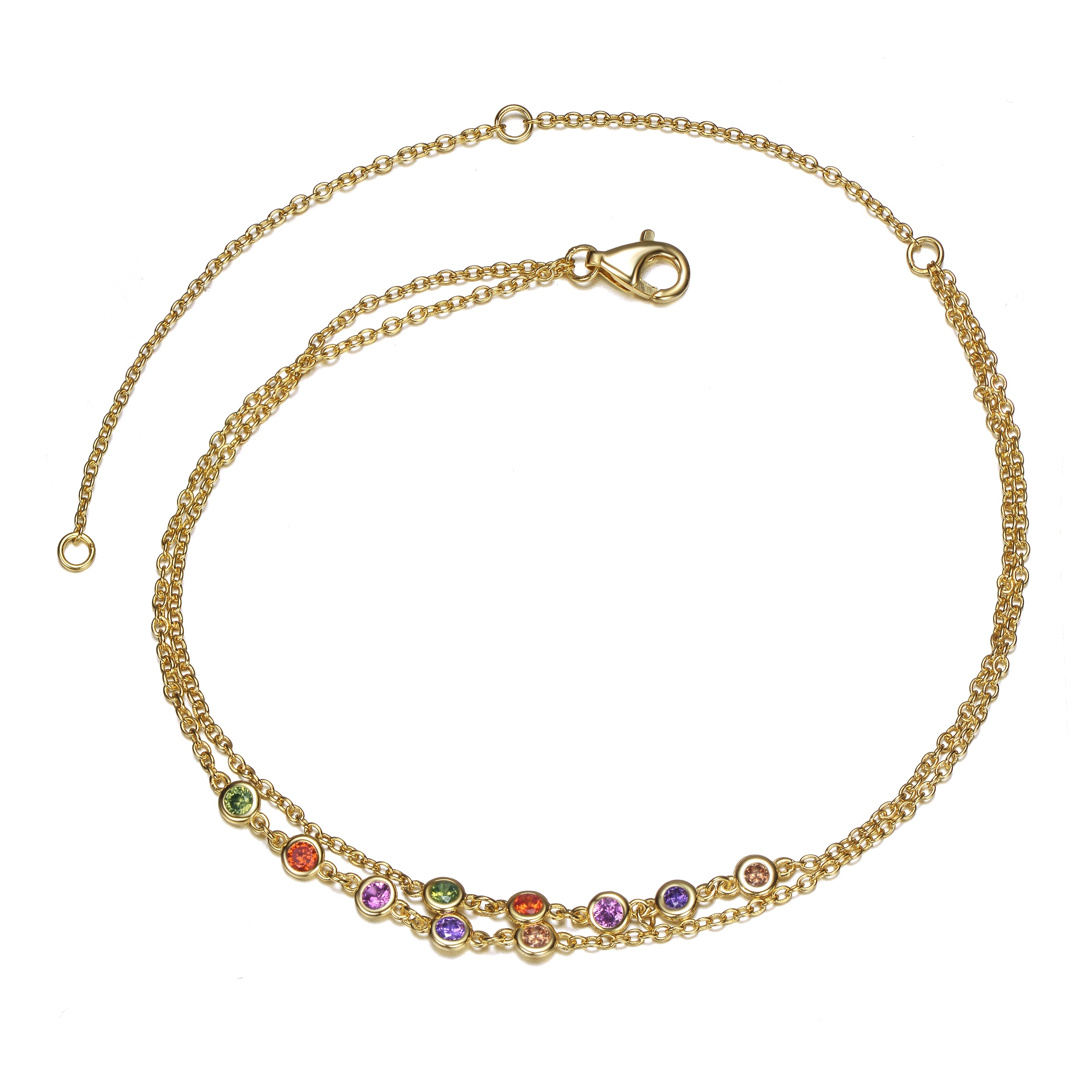 Women’s Sterling Silver Gold Plated Champagne, Amethyst, Ruby, Orange & Peridot Double Layer Rolo Chain Anklet, Adjustable Length Genevive Jewelry