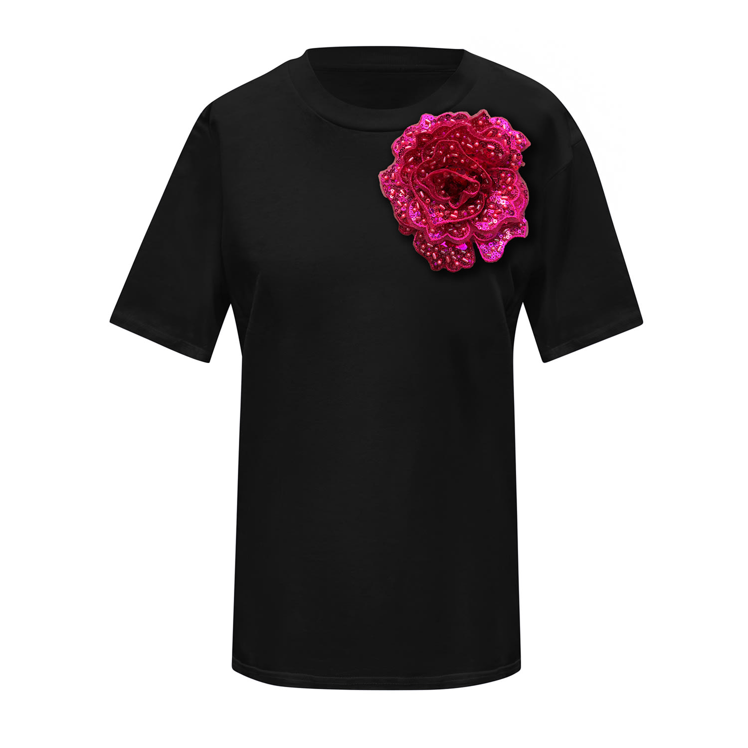 Toma Women's Black / Pink Flower Summer Black Cotton T-shirt With Hot Pink Side Sequin Rose