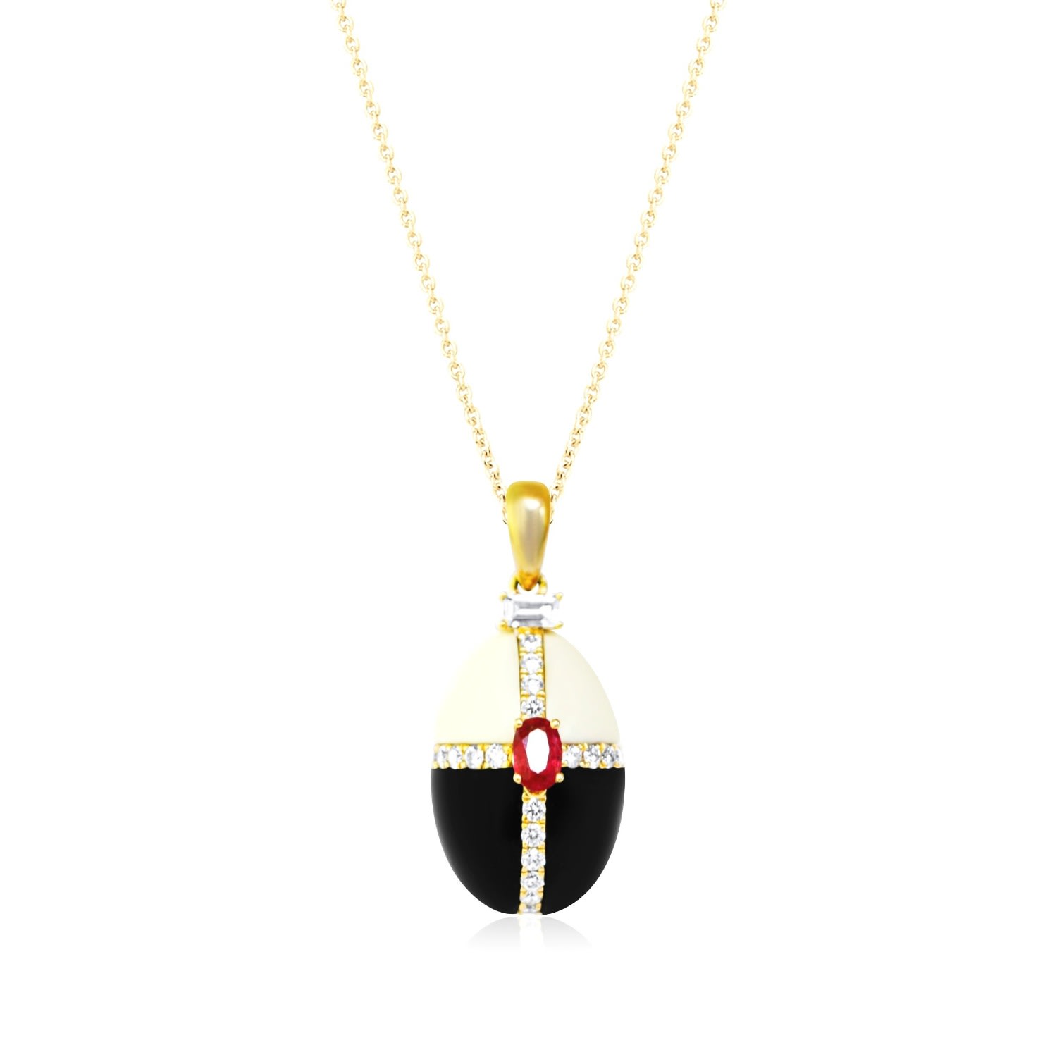 Women’s Red / Black / White The Enchanted Yellow Gold Diamond Black And White Agate And Ruby Egg Charm Locket Pendant Rinoor