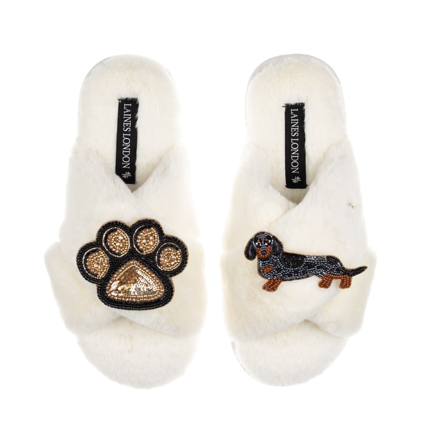 Laines London Women's Neutrals / White Classic Laines Slippers With Paw & Dapple Dachshund Brooches - Cream In White